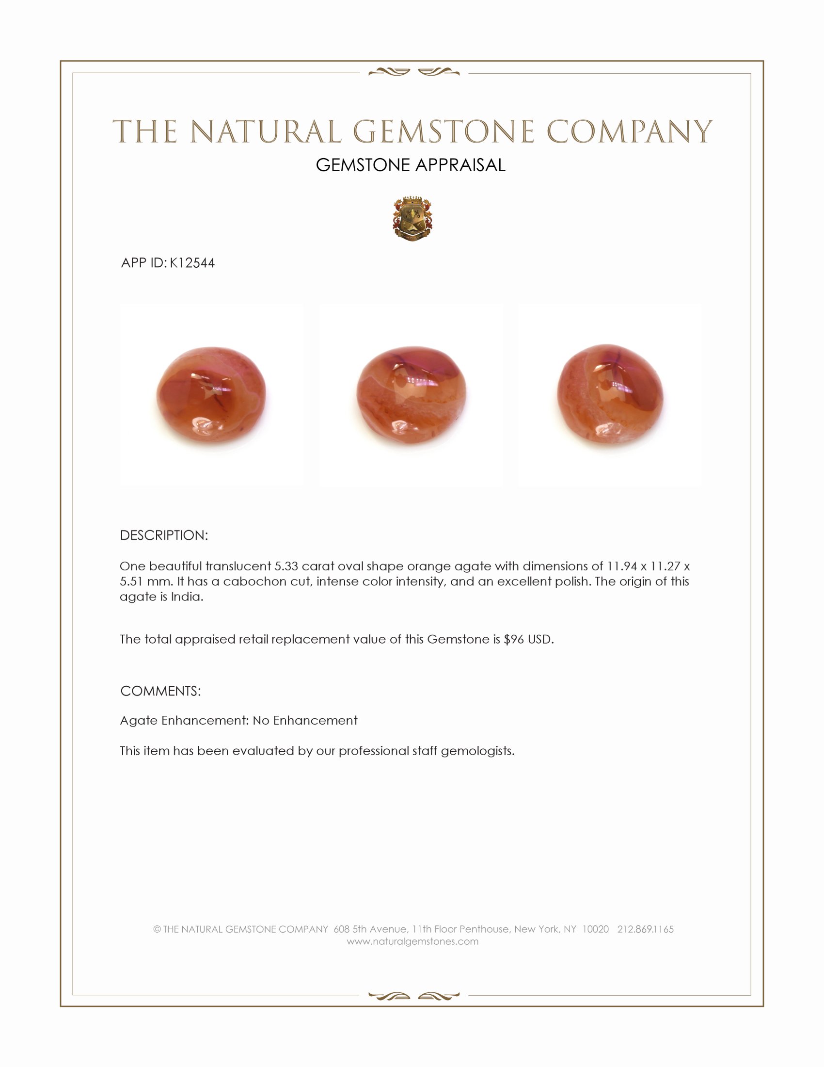 5.33 Ct. Orange Cabochon Agate from India