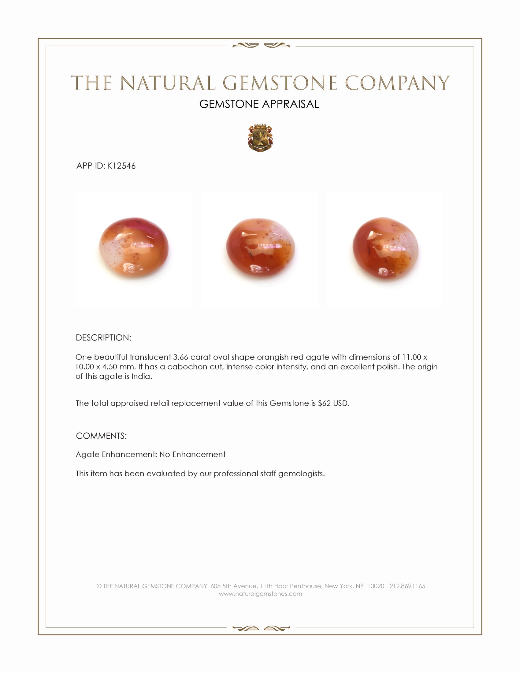 3.66 Ct. Orangish Red Cabochon Agate from India