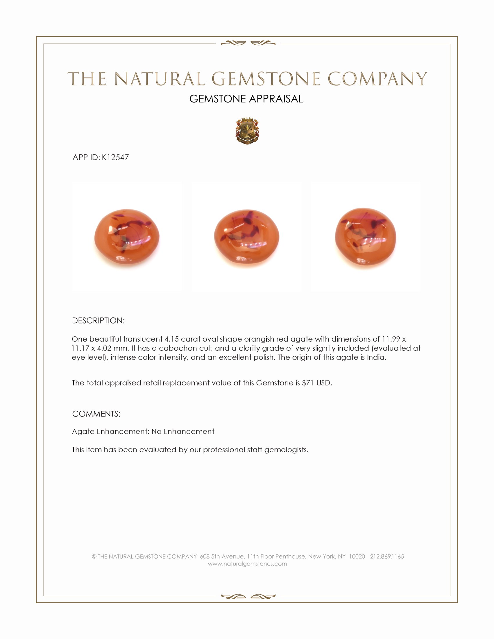 4.15 Ct. Orangish Red Cabochon Agate from India