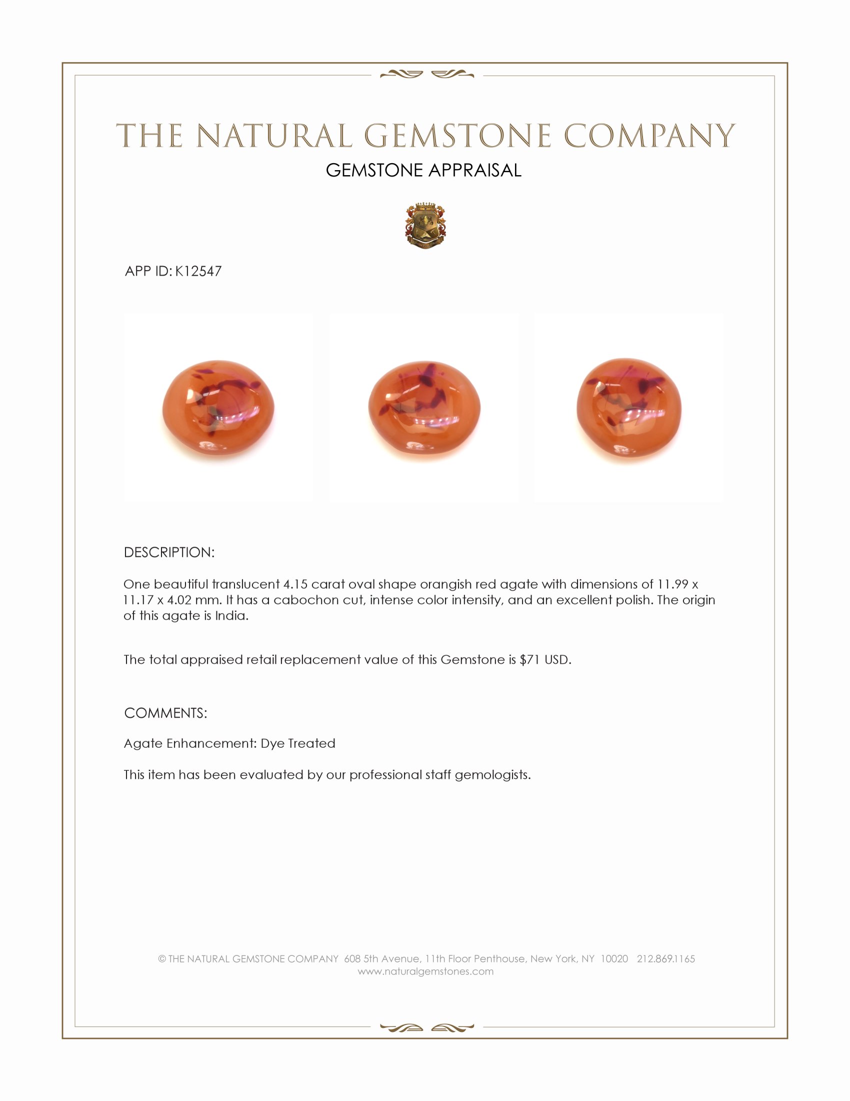 4.15 Ct. Orangish Red Cabochon Agate from India