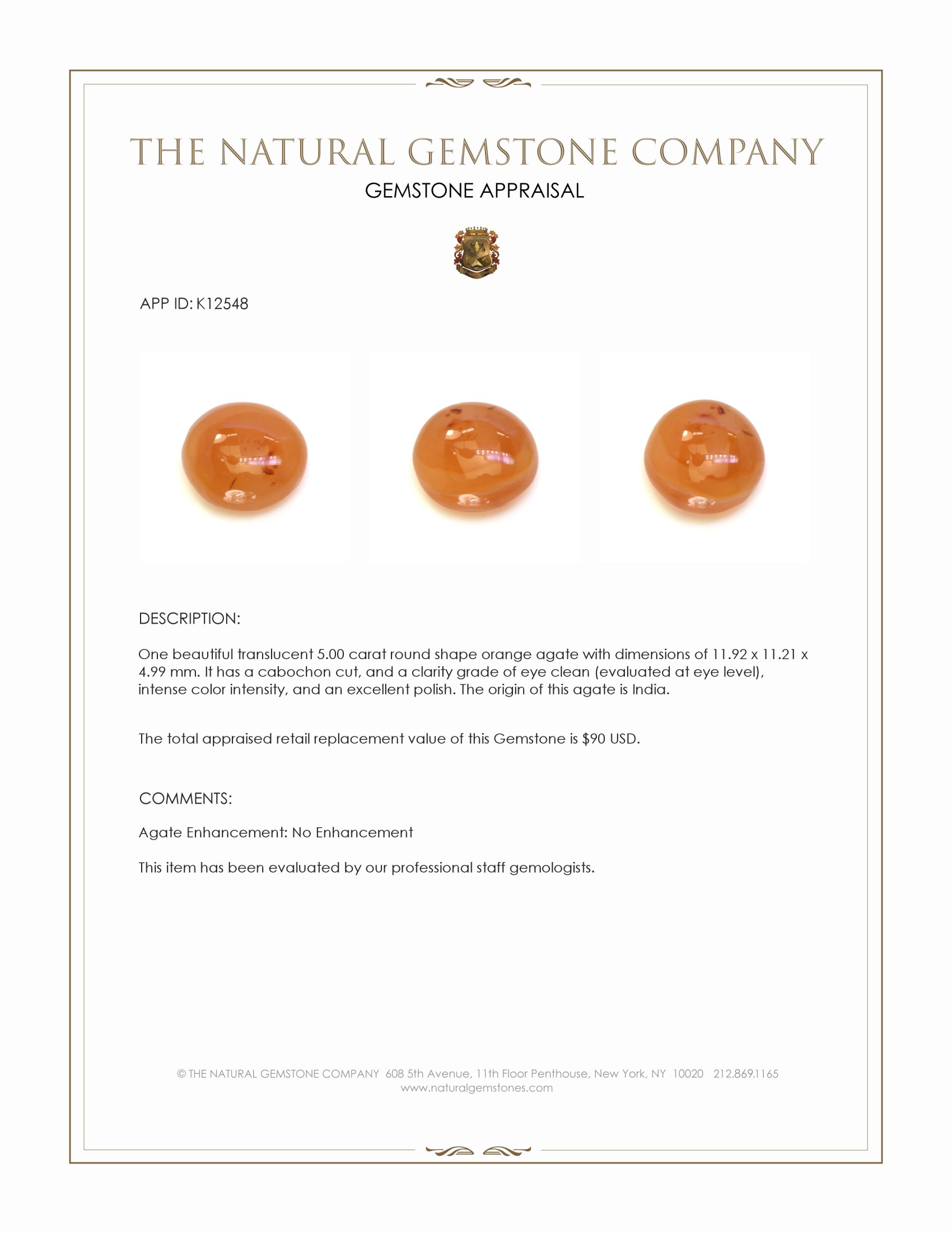 5.00 Ct. Orange Cabochon Agate from India