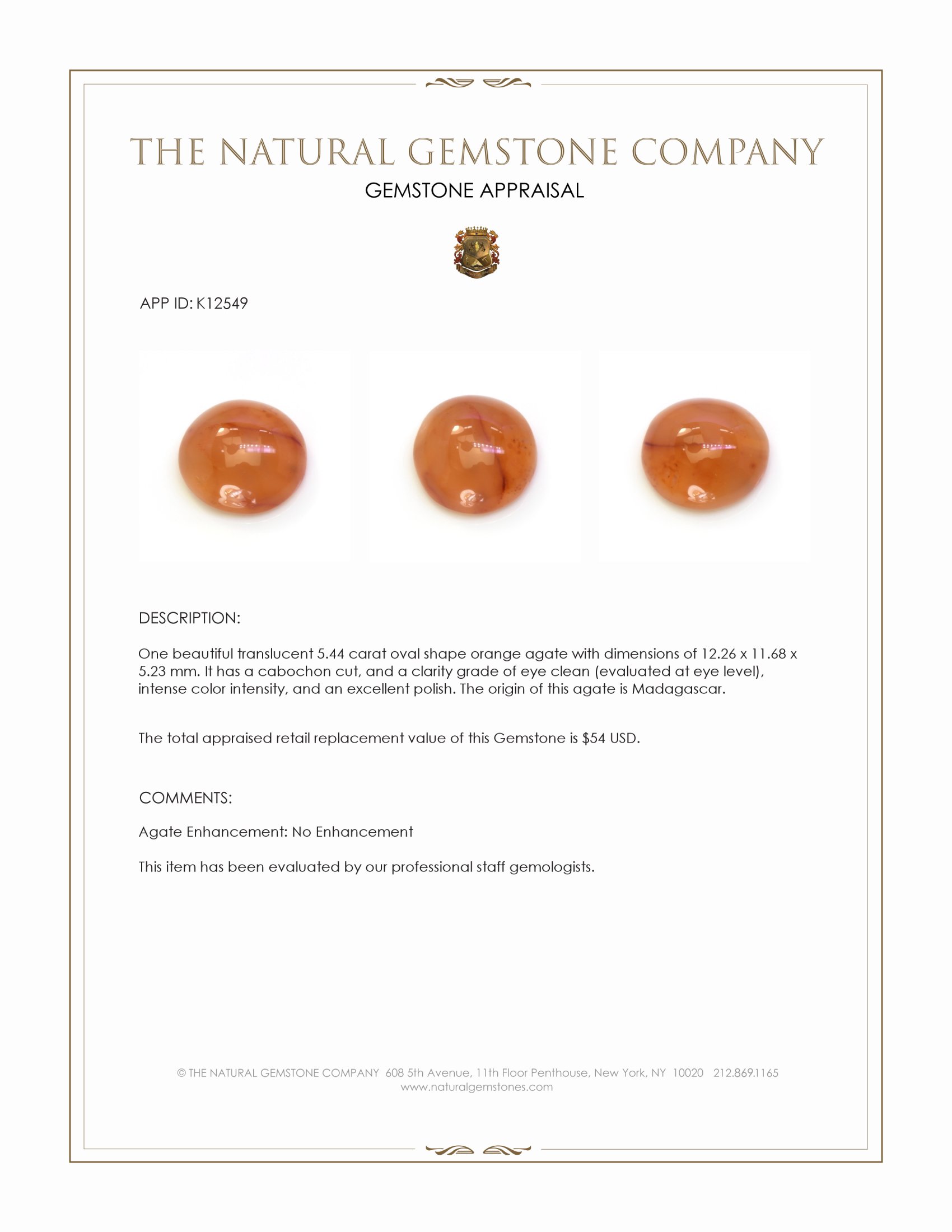 5.44 Ct. Orange Cabochon Agate from Madagascar