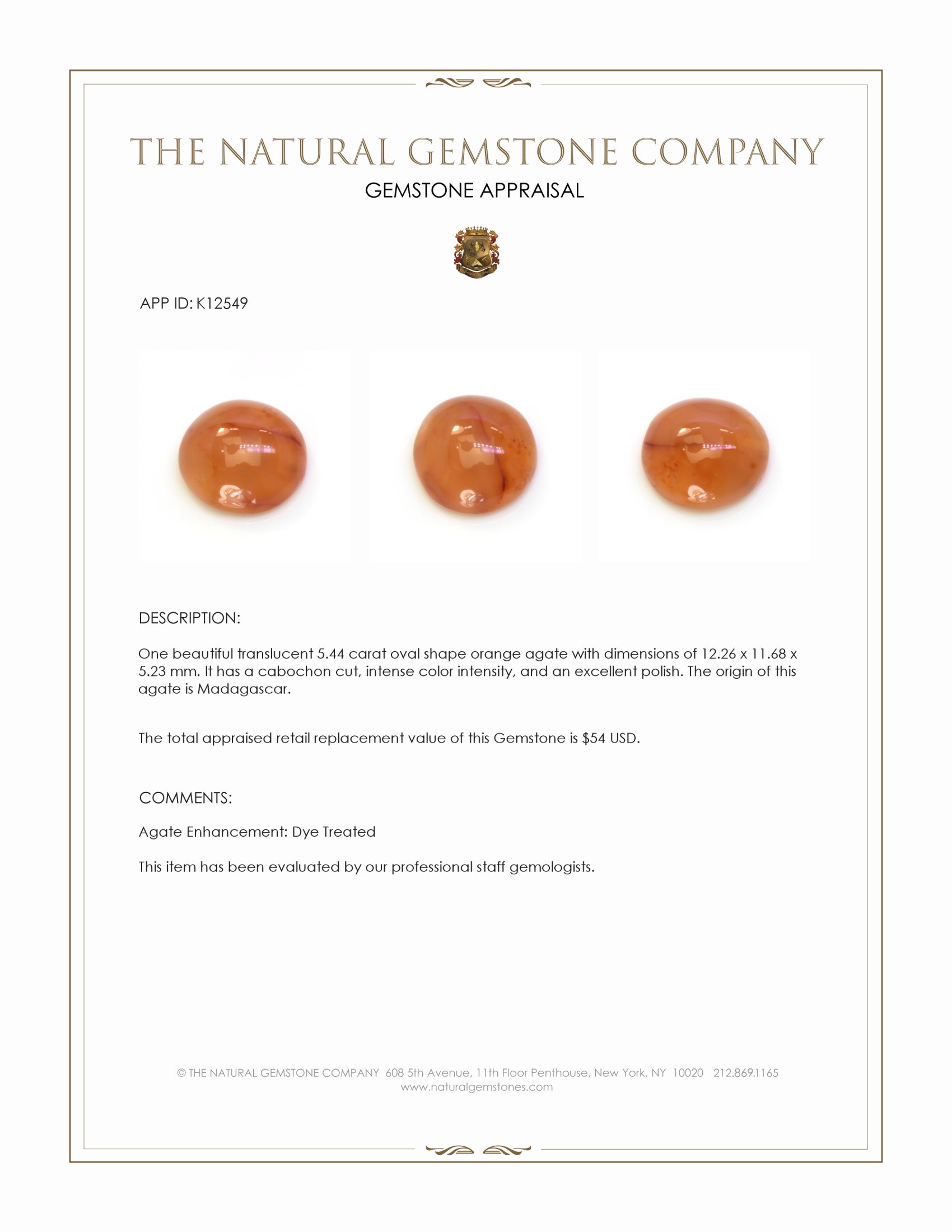 5.44 Ct. Orange Cabochon Agate from Madagascar