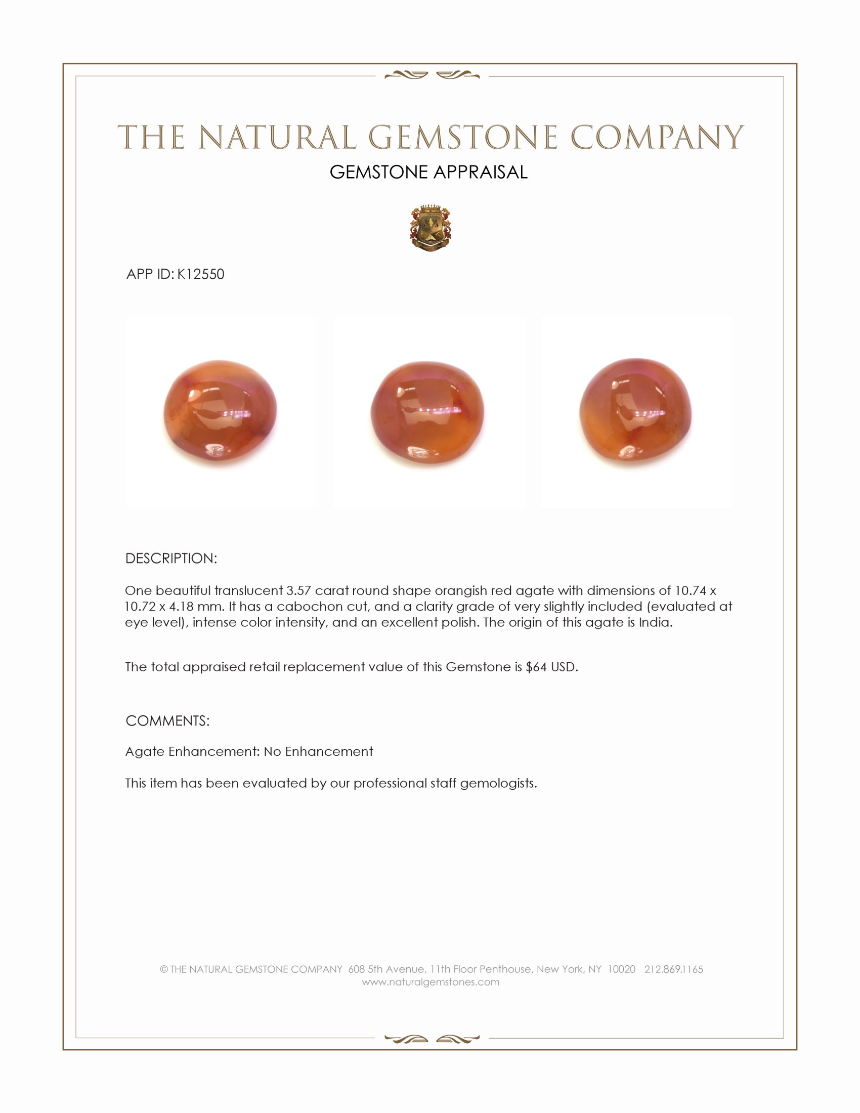 3.57 Ct. Orangish Red Cabochon Agate from India