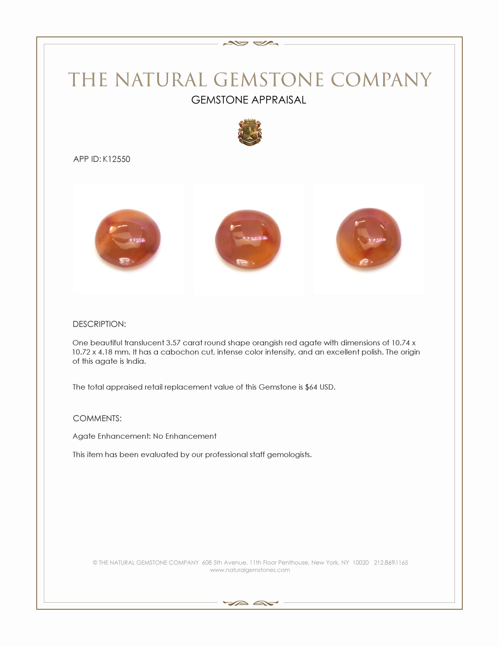 3.57 Ct. Orangish Red Cabochon Agate from India