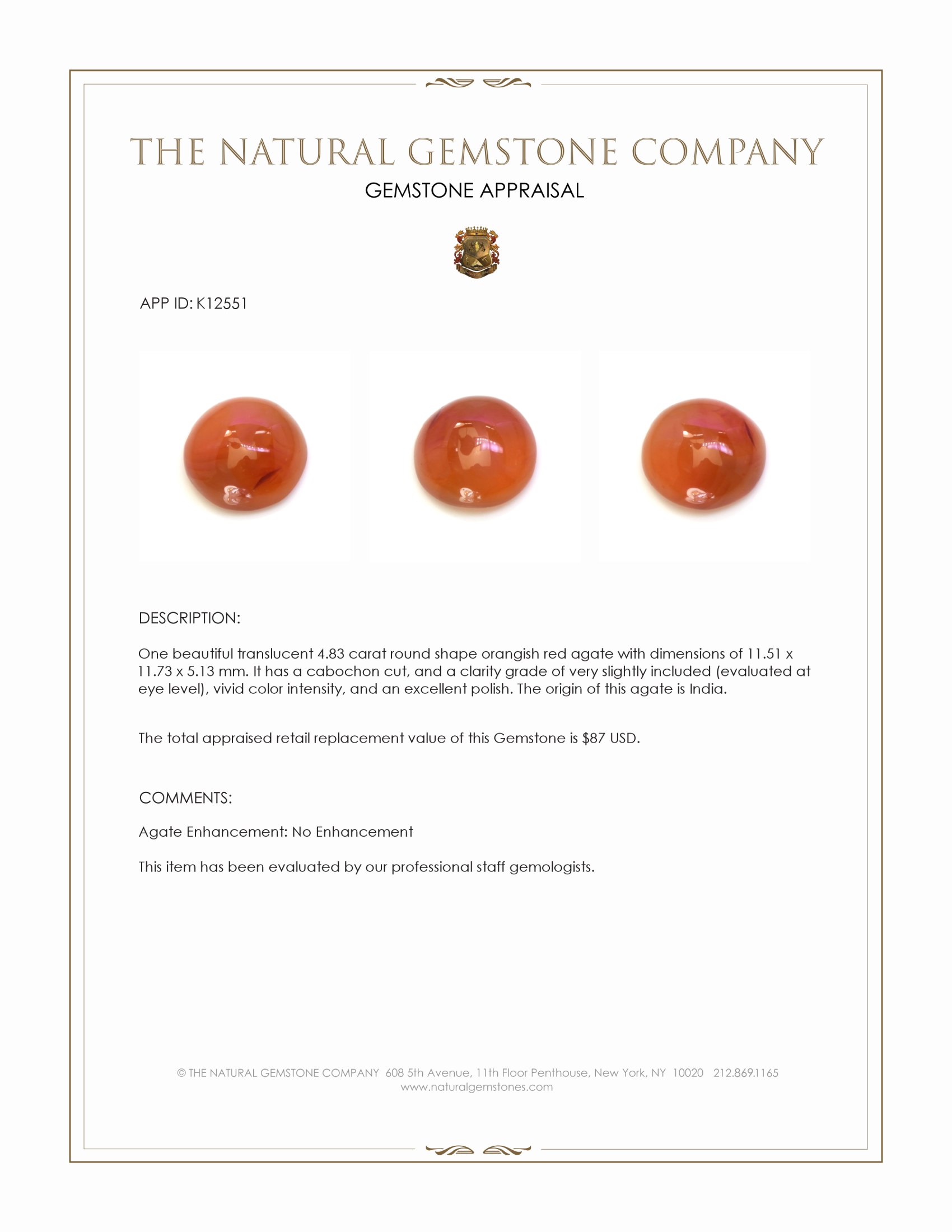 4.83 Ct. Orangish Red Cabochon Agate from India