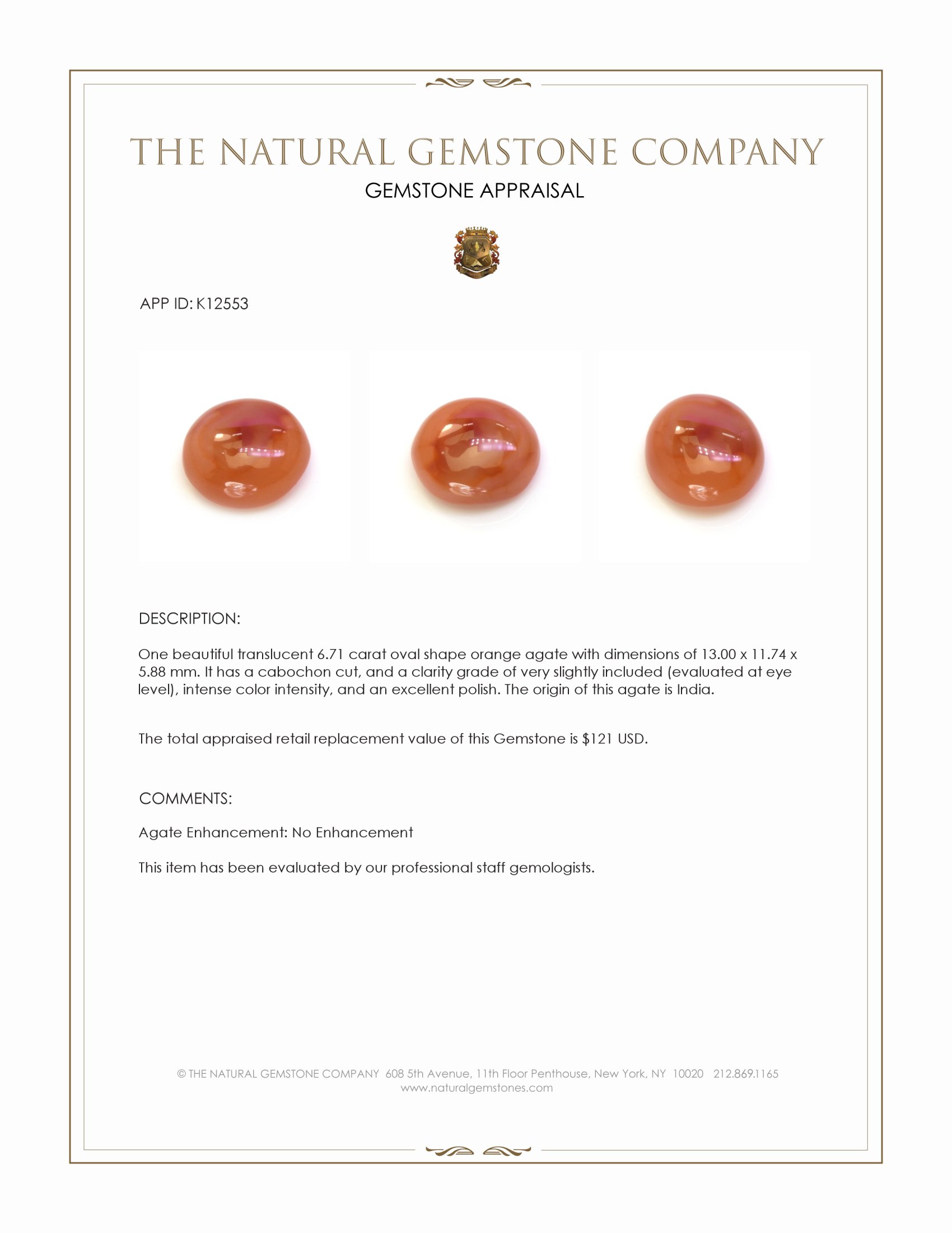 6.71 Ct. Orange Cabochon Agate from India