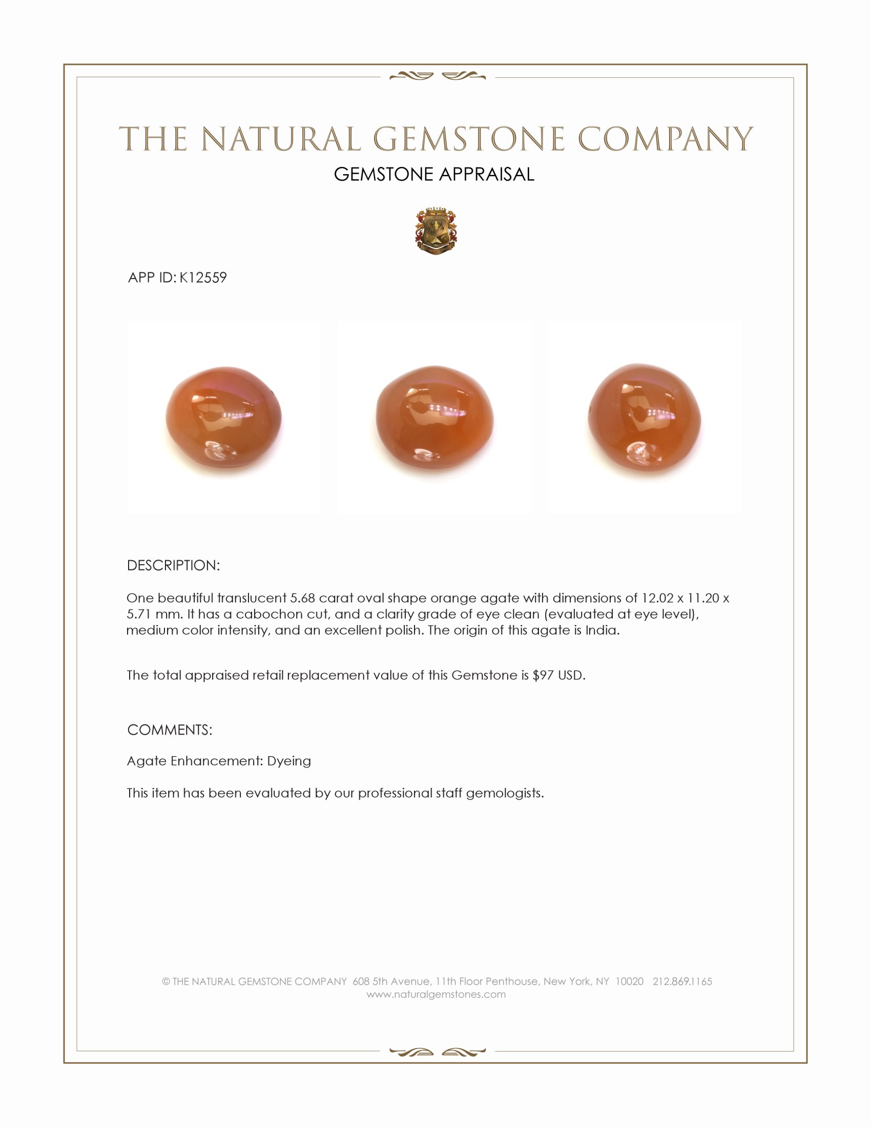 5.68 Ct. Orange Cabochon Agate from India