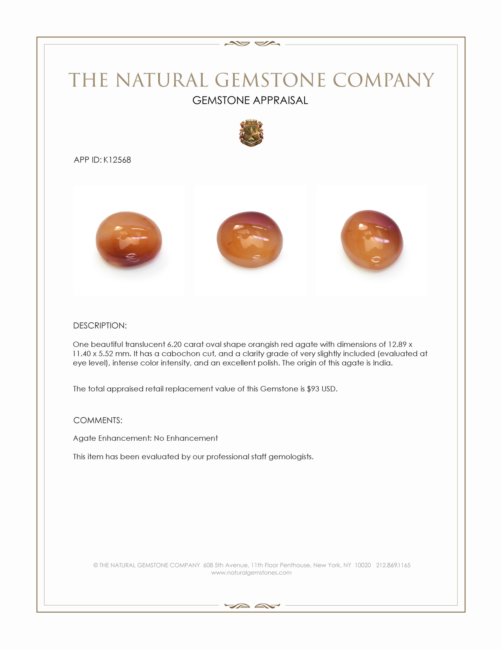 6.20 Ct. Orangish Red Cabochon Agate from India