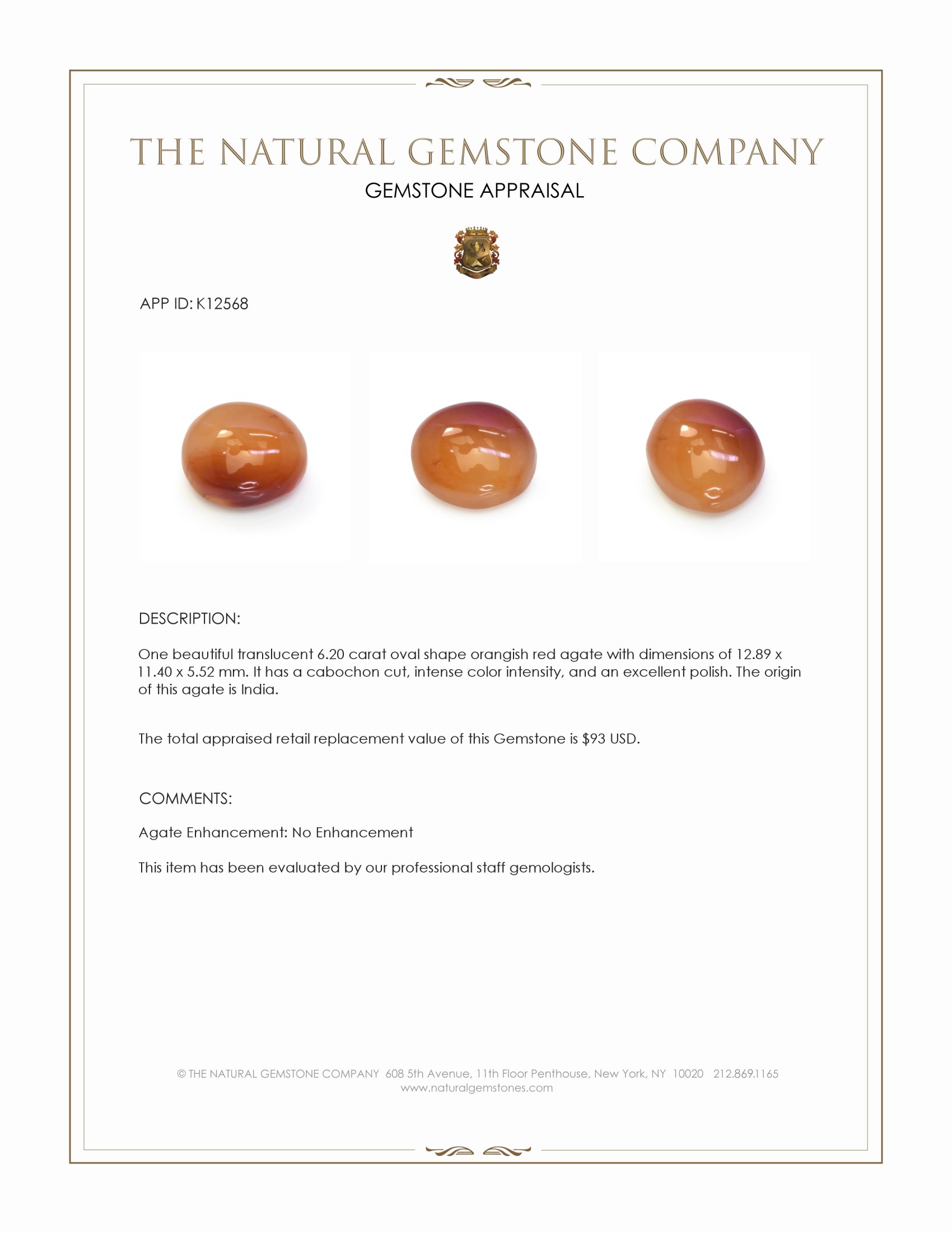 6.20 Ct. Orangish Red Cabochon Agate from India