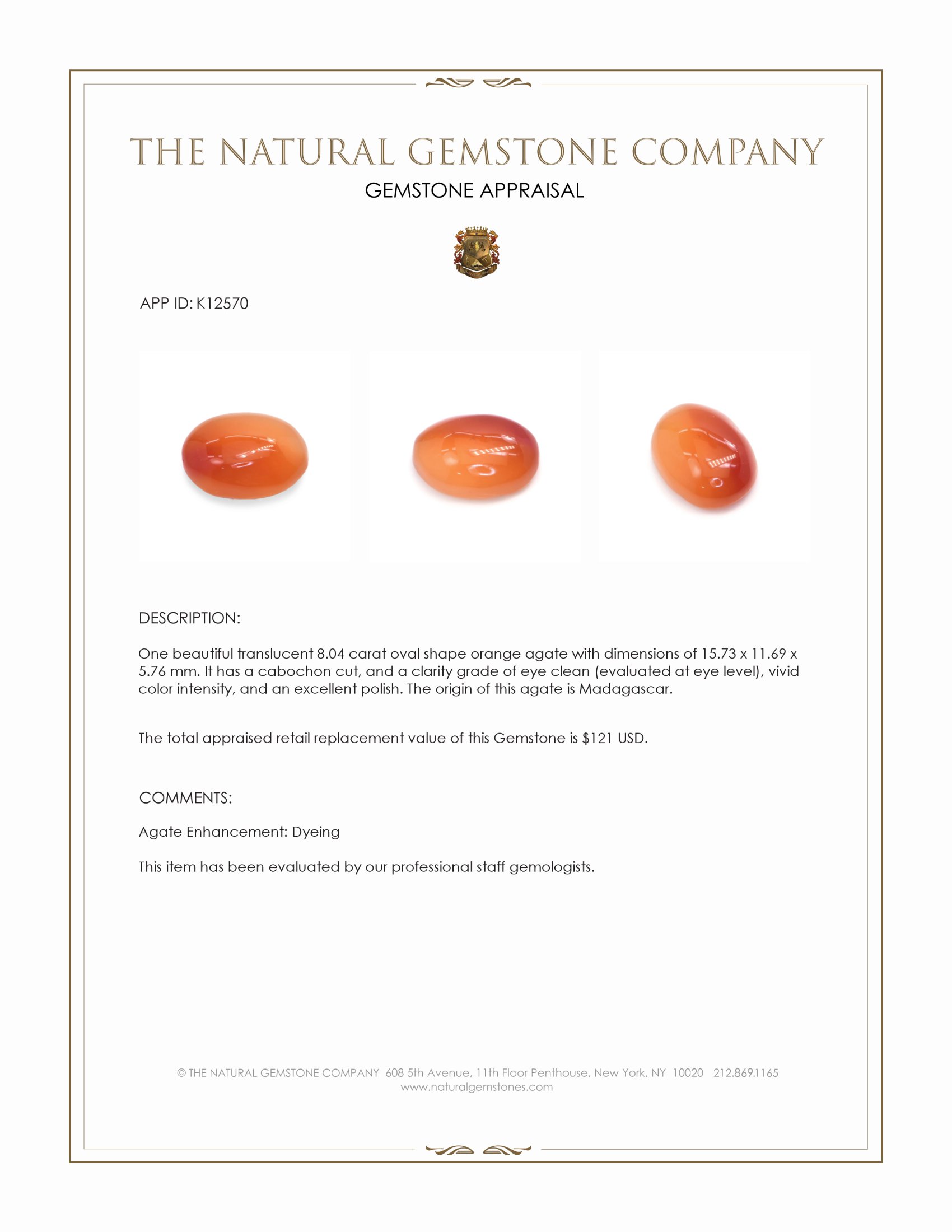 8.04 Ct. Cabochon Agate from Madagascar