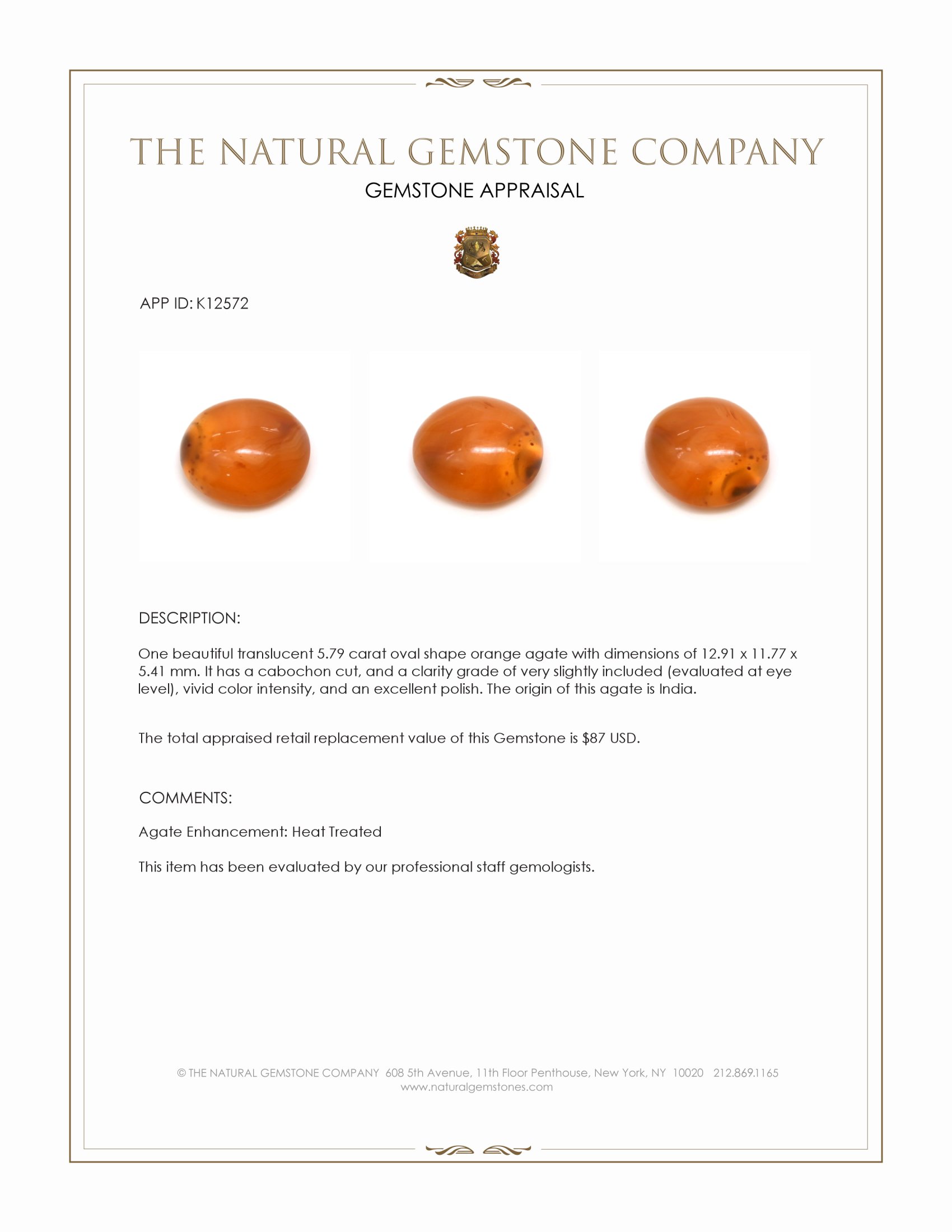 5.79 Ct. Orange Cabochon Agate from India