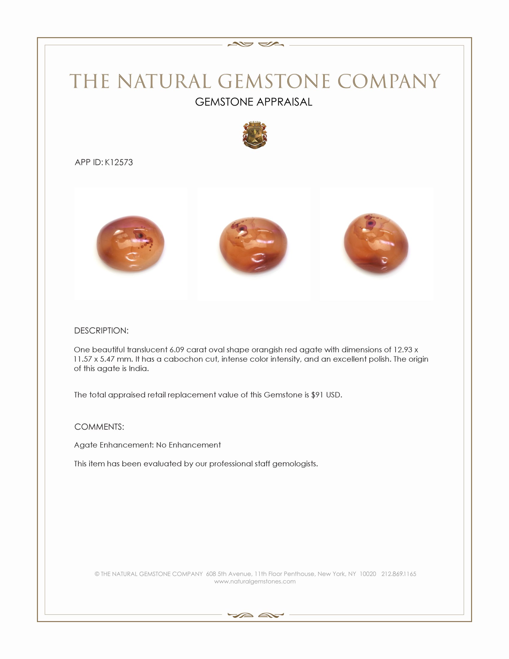 6.09 Ct. Orangish Red Cabochon Agate from India