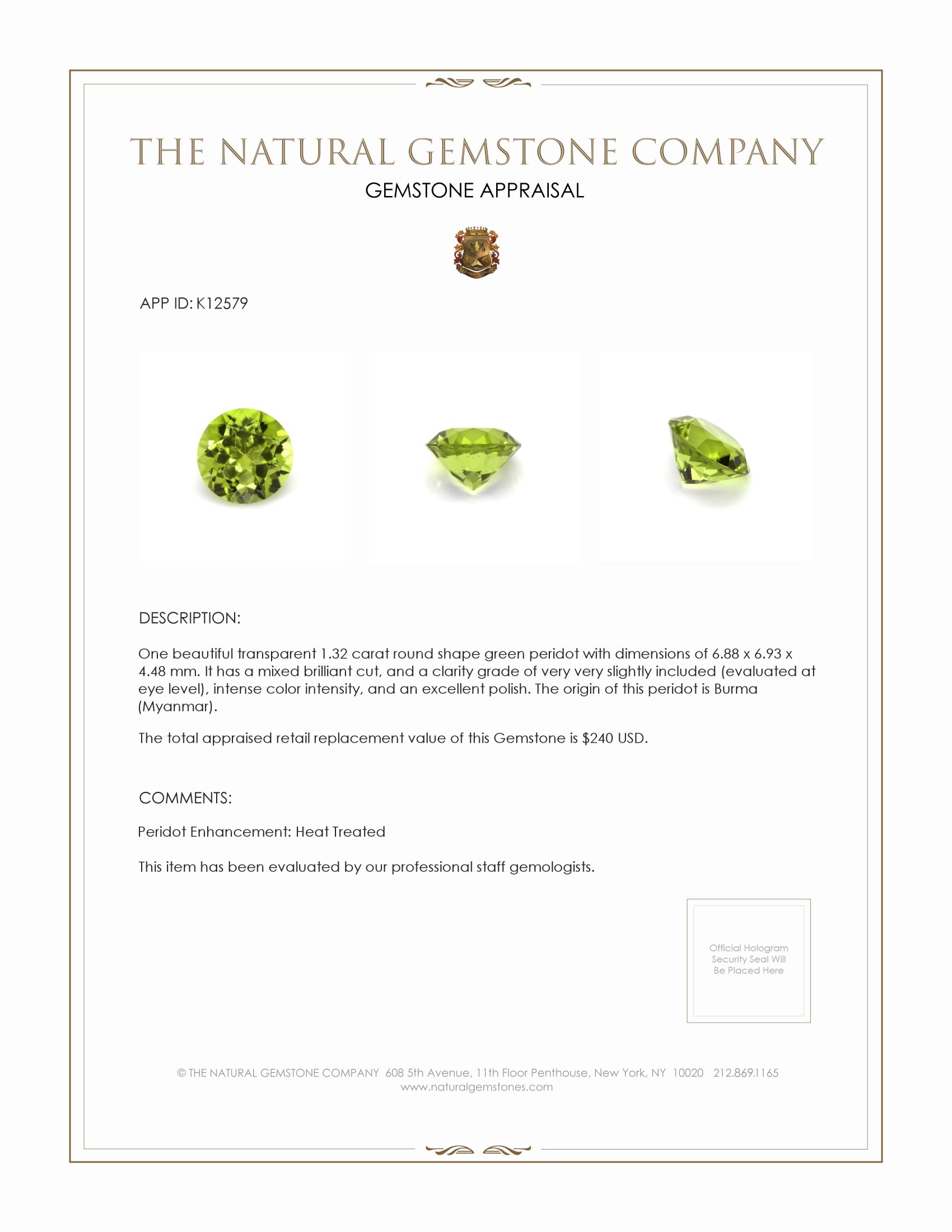 1.32 Ct. Peridot from Burma (Myanmar)