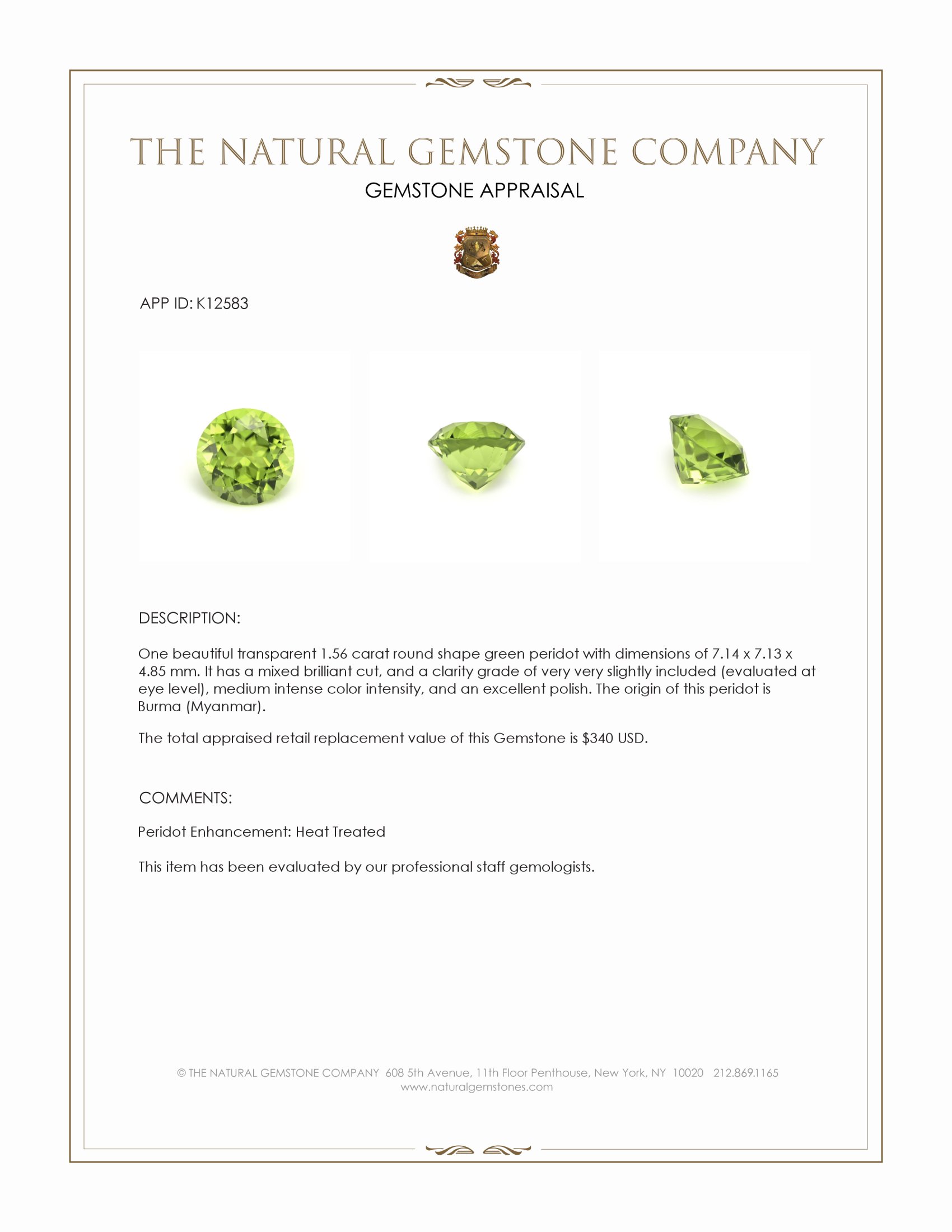 1.56 Ct. Peridot from Burma (Myanmar)