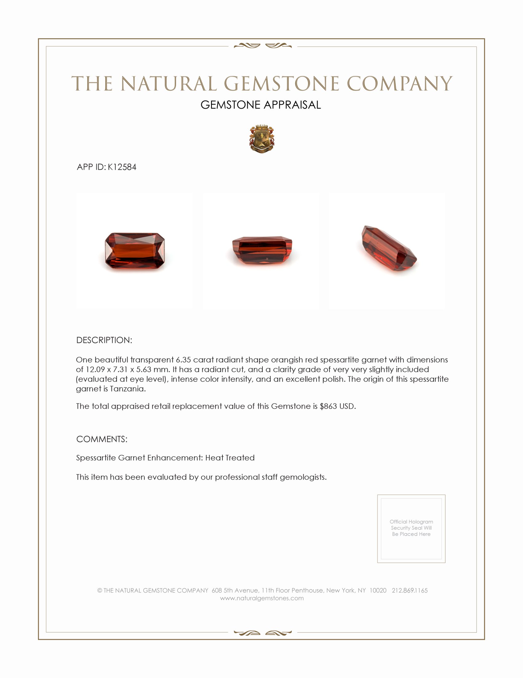 6.35 Ct. Spessartite Garnet from Tanzania