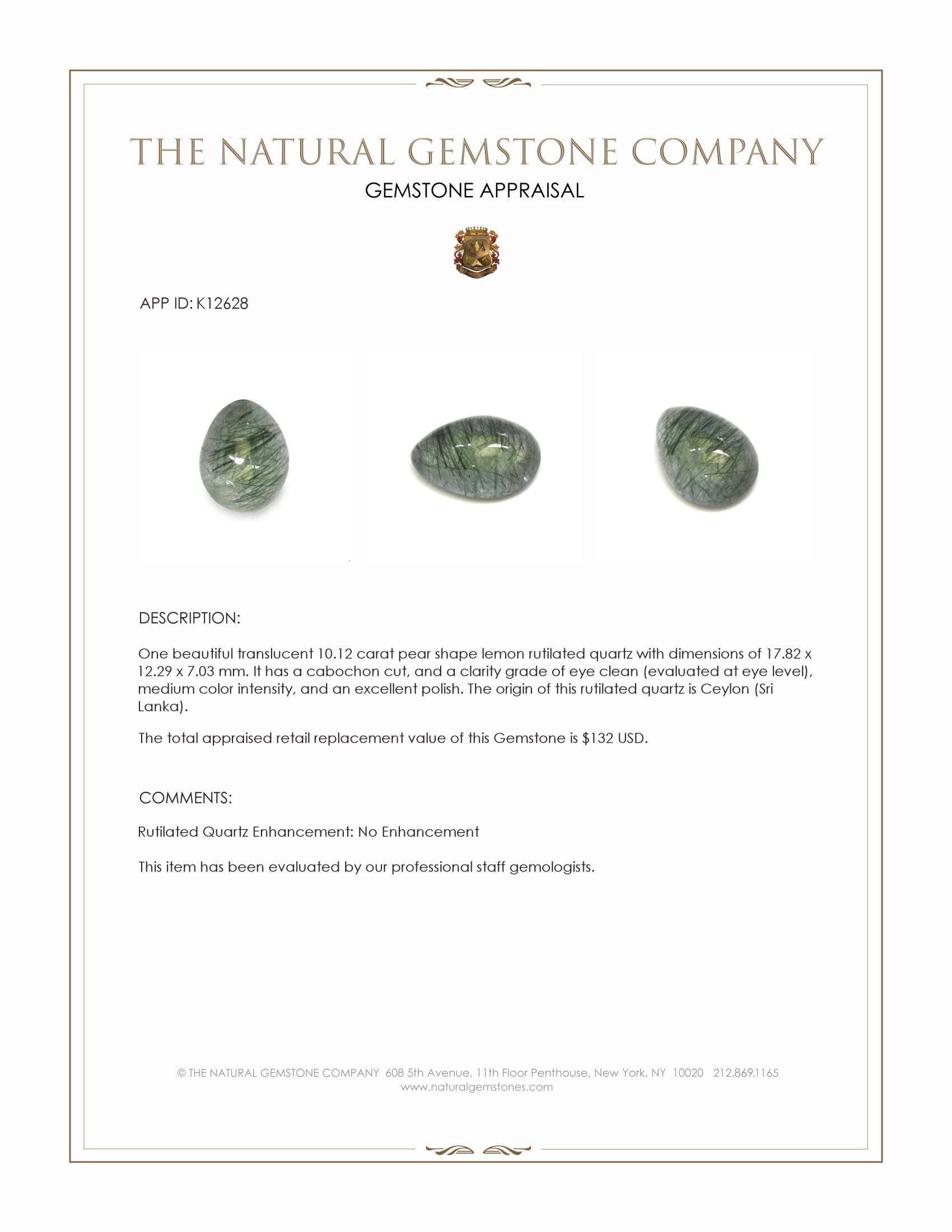 10.12 Ct. Lemon Cabochon Rutilated Quartz from Ceylon (Sri Lanka)