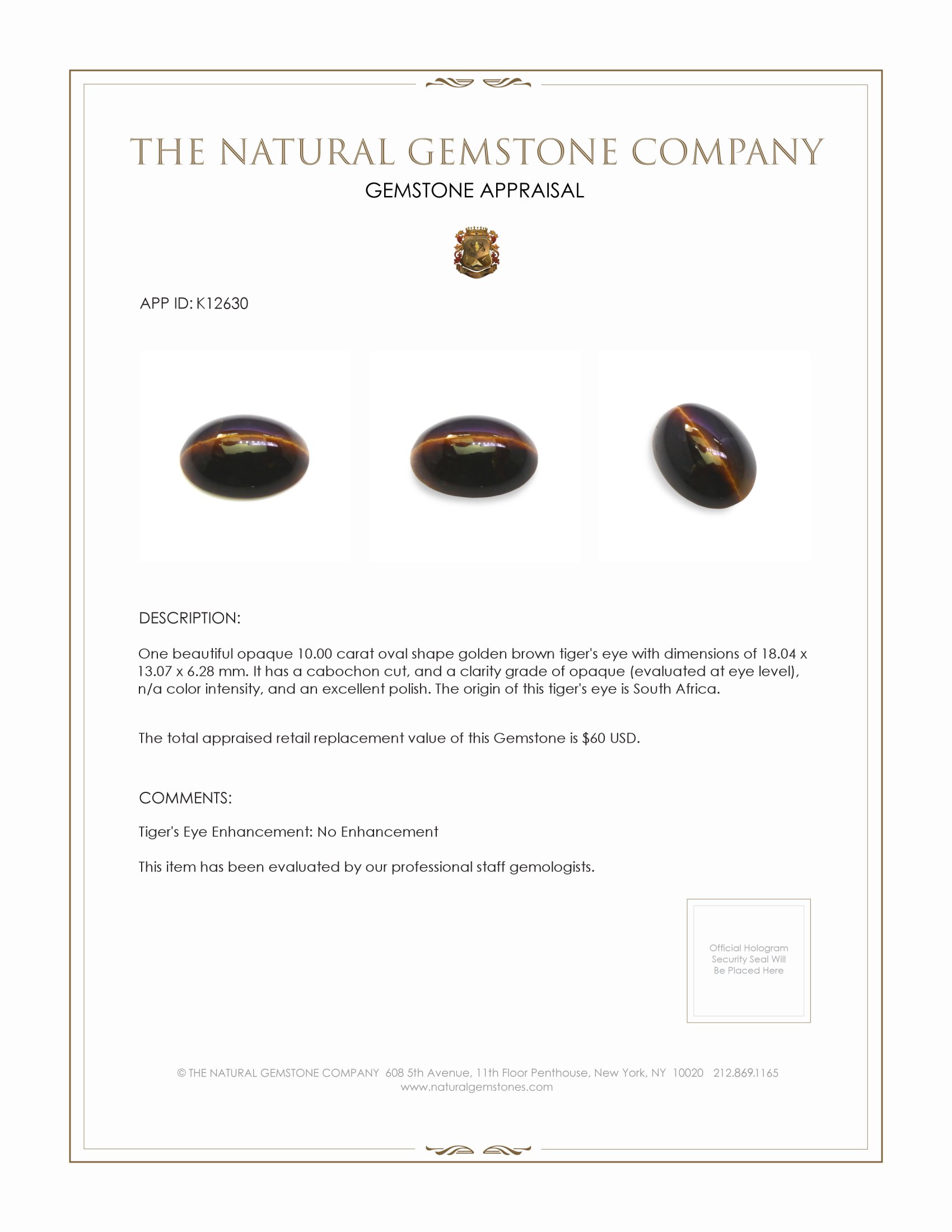 10.00 Ct. Cabochon Tiger's Eye from South Africa