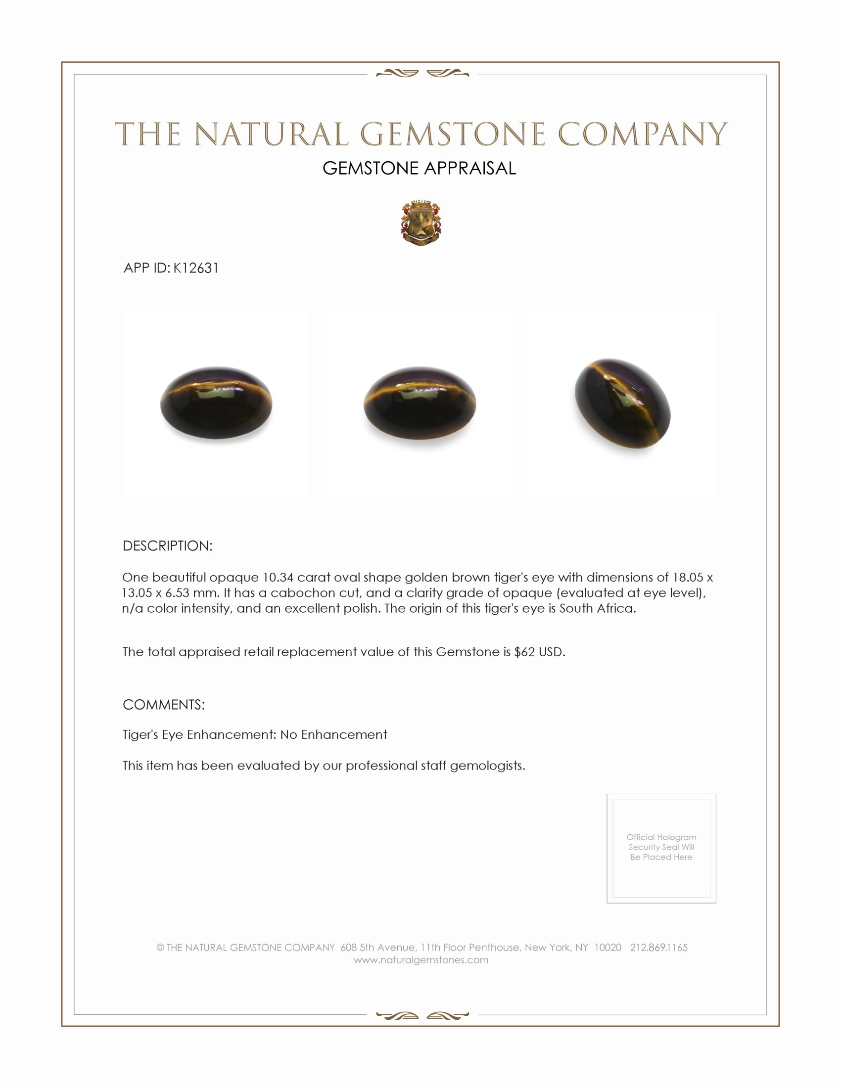 10.34 Ct. Cabochon Tiger's Eye from South Africa
