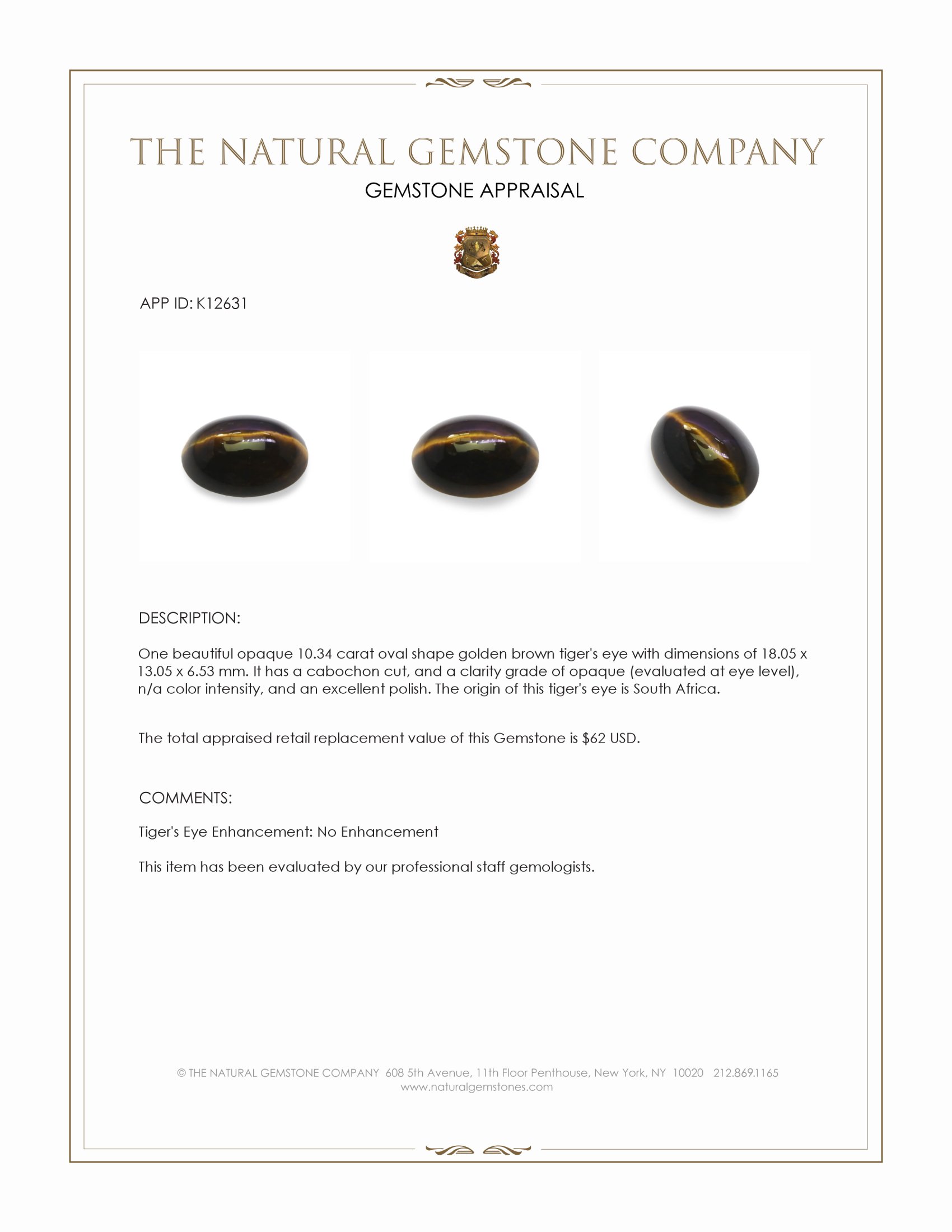 10.34 Ct. Cabochon Tiger's Eye from South Africa