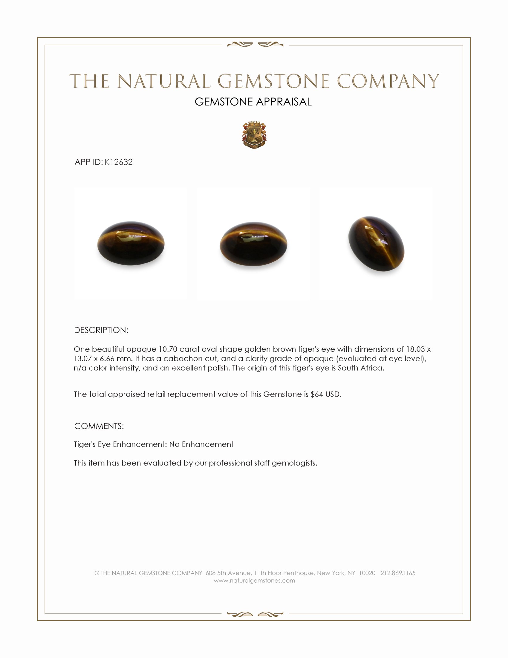 10.70 Ct. Cabochon Tiger's Eye from South Africa