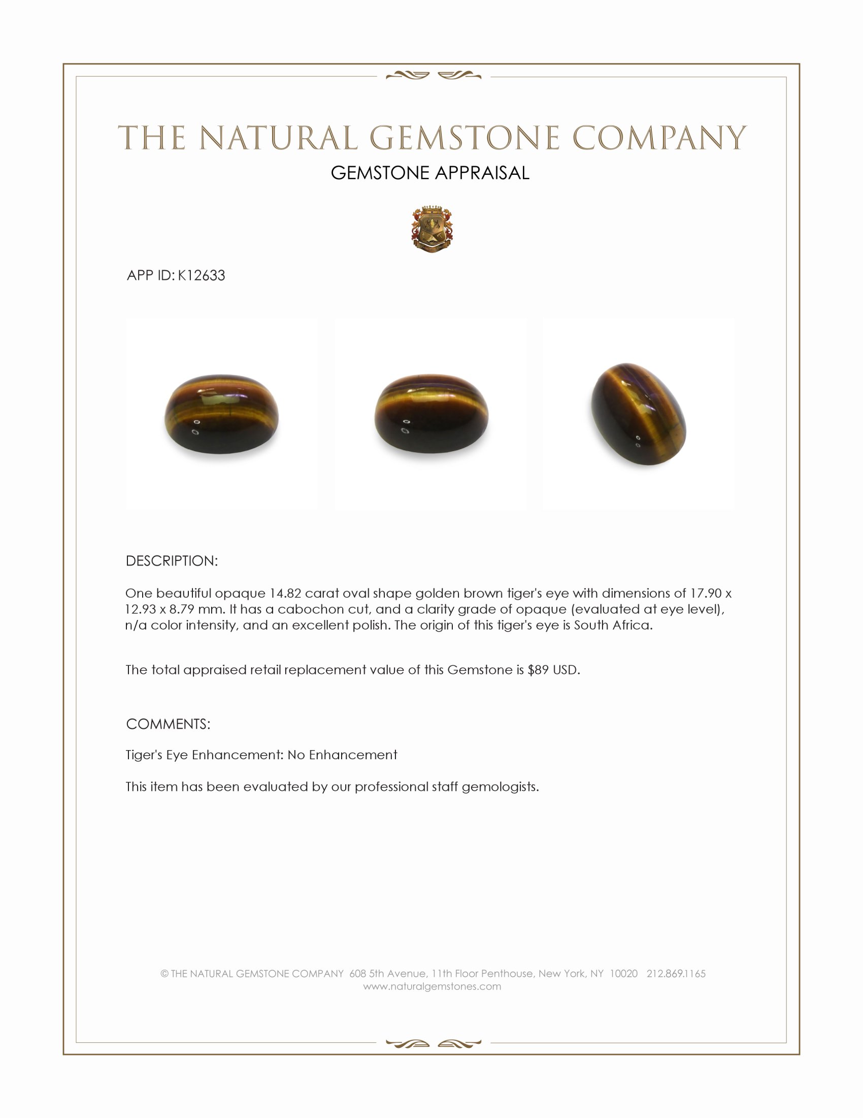 14.82 Ct. Cabochon Tiger's Eye from South Africa
