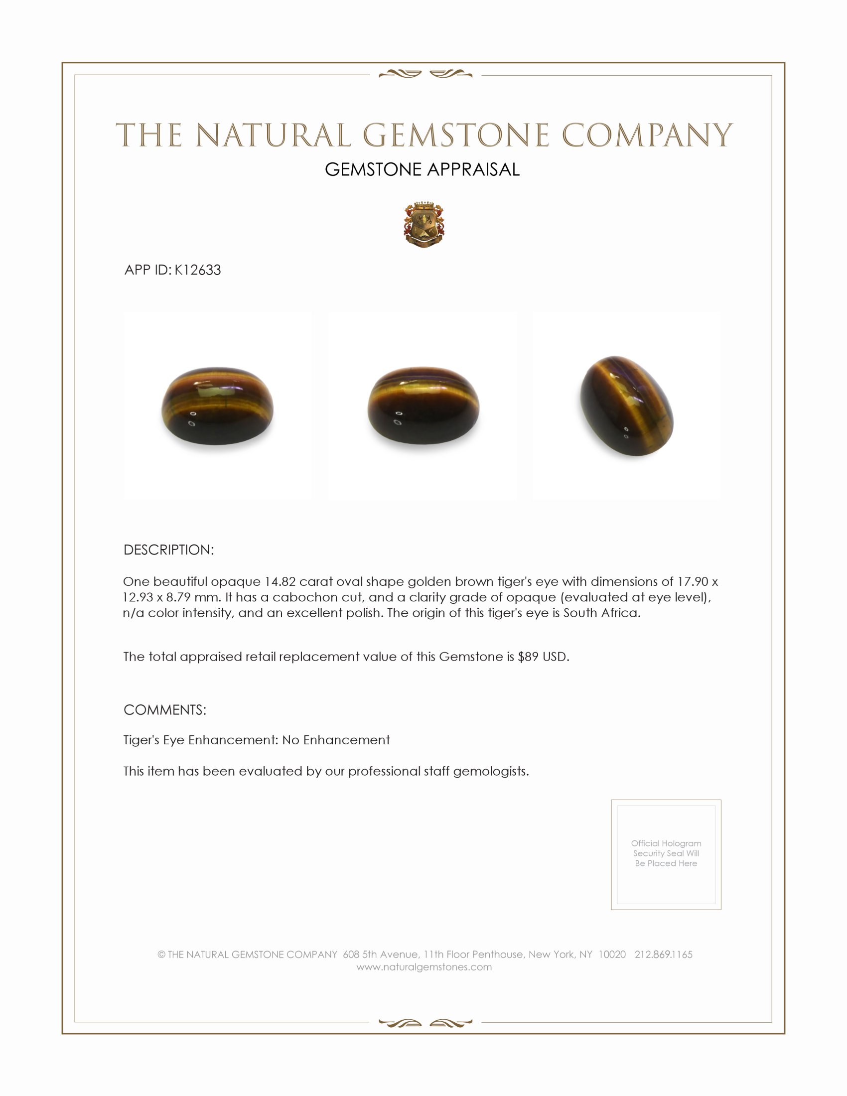 14.82 Ct. Cabochon Tiger's Eye from South Africa