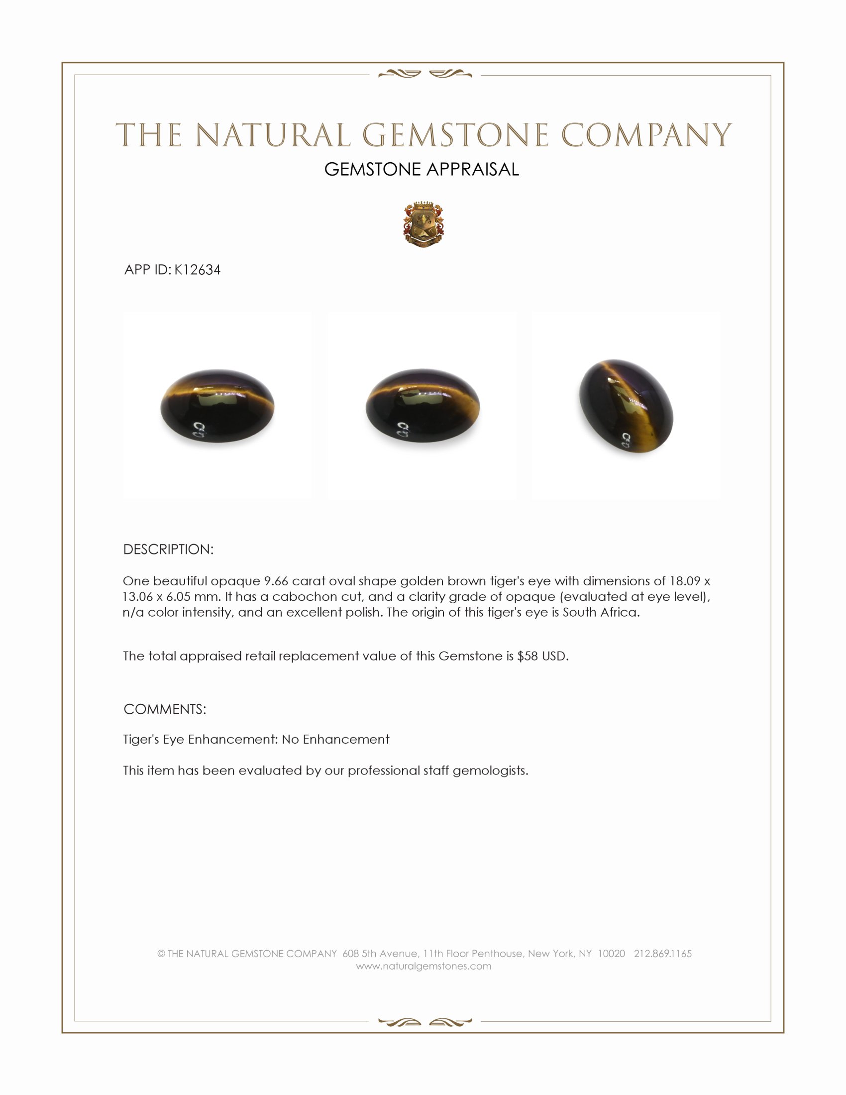 9.66 Ct. Cabochon Tiger's Eye from South Africa