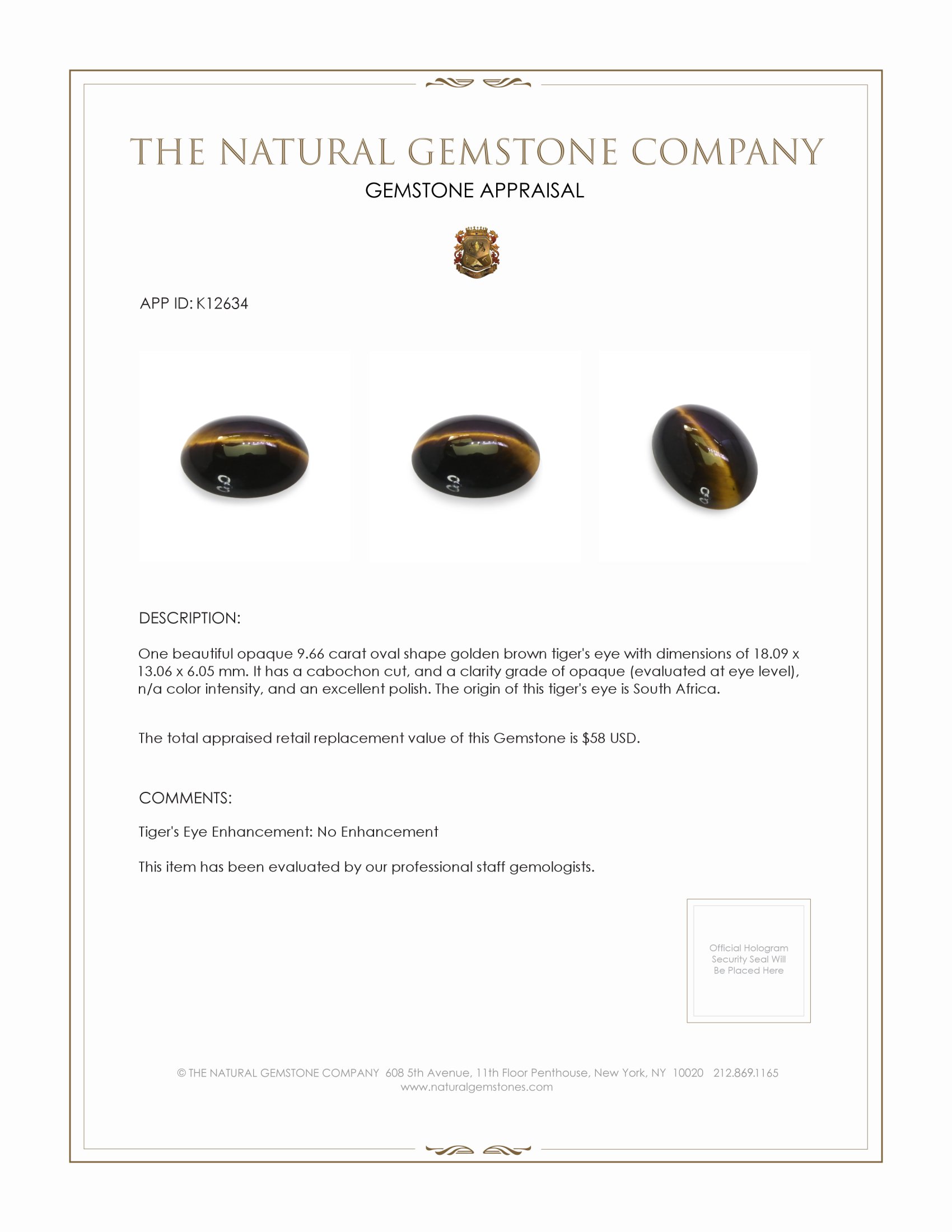 9.66 Ct. Cabochon Tiger's Eye from South Africa