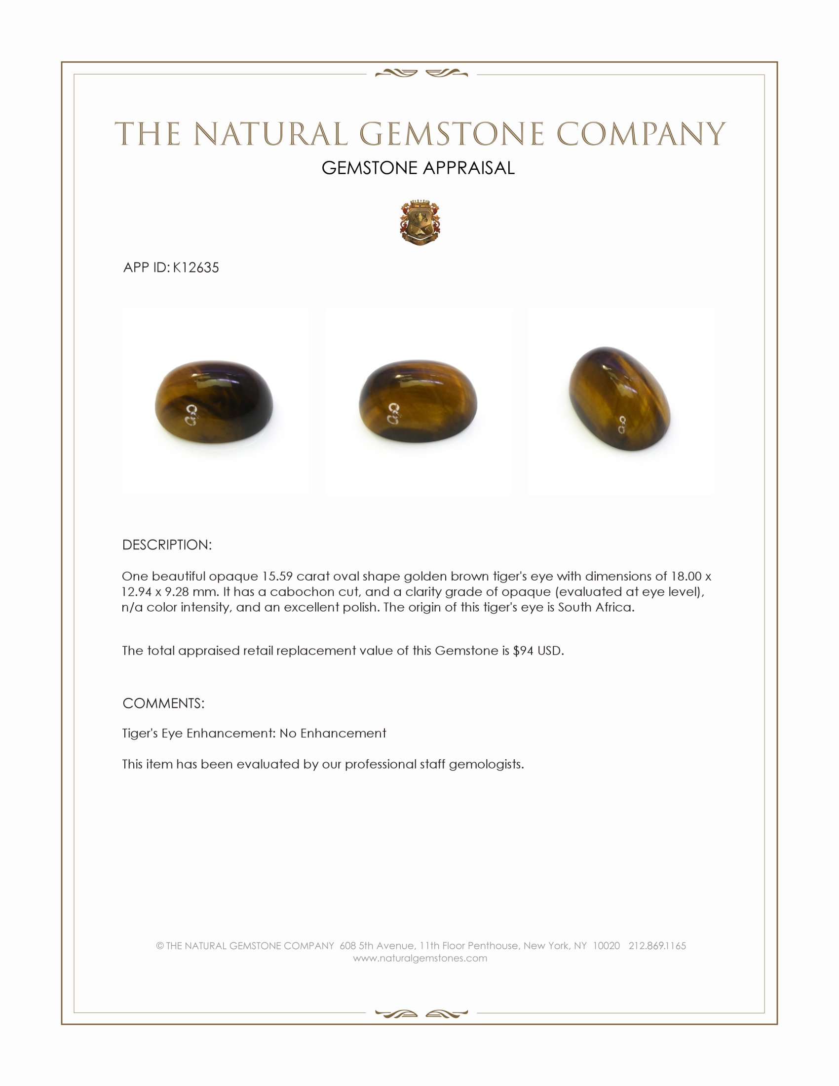 15.59 Ct. Cabochon Tiger's Eye from South Africa