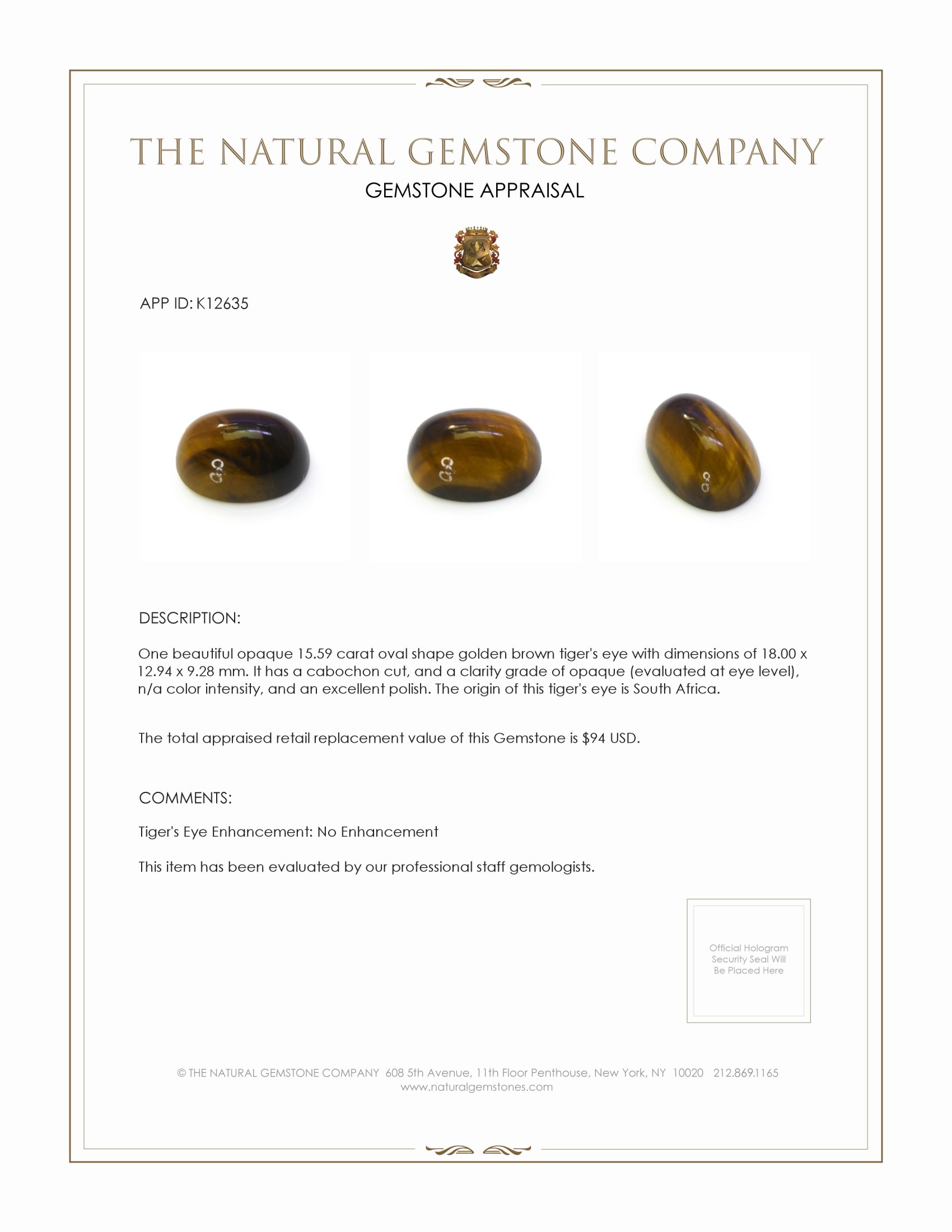 15.59 Ct. Cabochon Tiger's Eye from South Africa