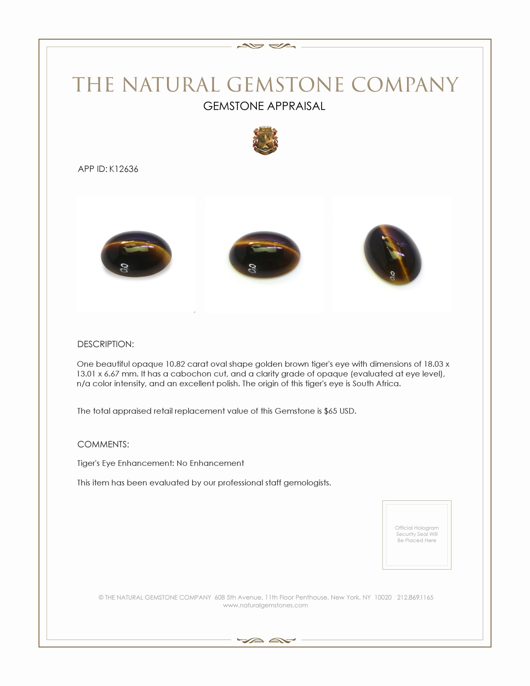 10.82 Ct. Cabochon Tiger's Eye from South Africa