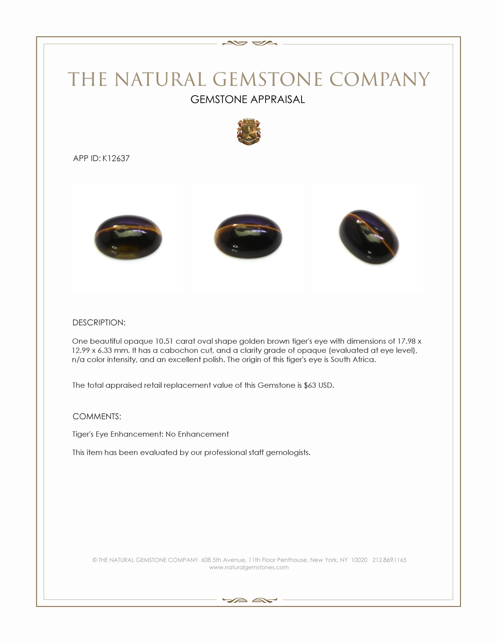 10.51 Ct. Cabochon Tiger's Eye from South Africa