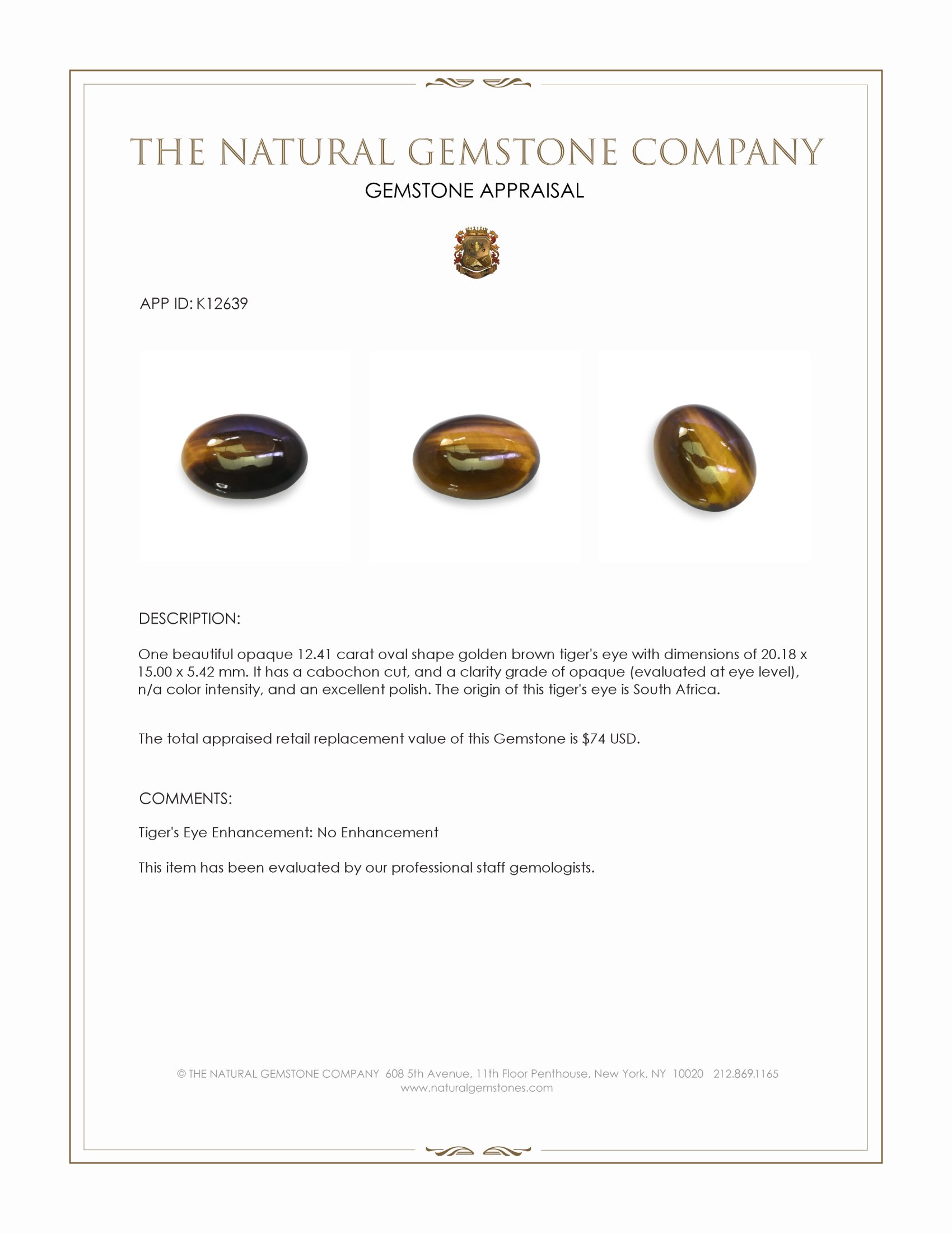 12.41 Ct. Cabochon Tiger's Eye from South Africa