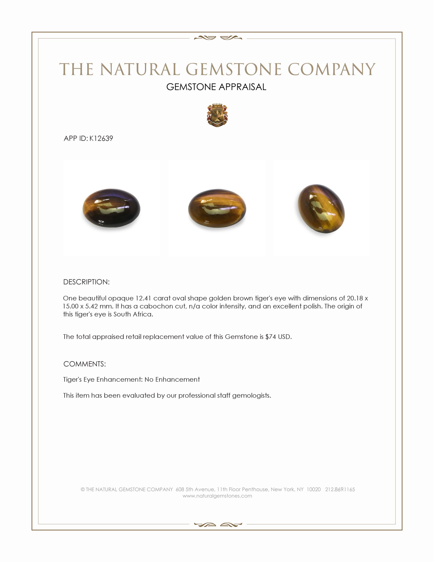 12.41 Ct. Cabochon Tiger's Eye from South Africa