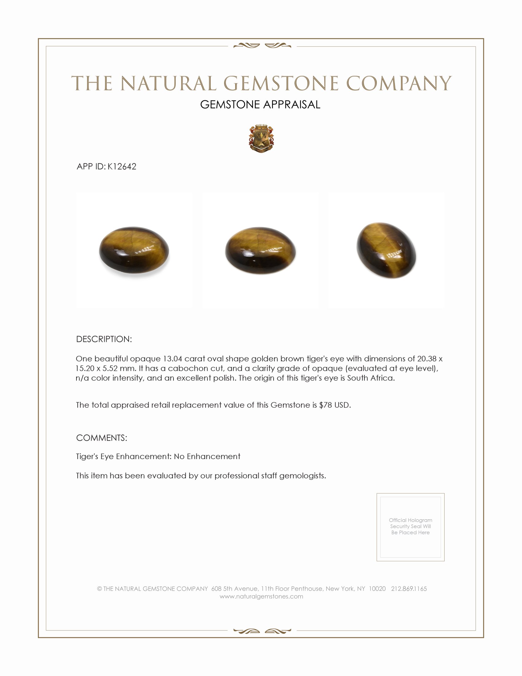13.04 Ct. Cabochon Tiger's Eye from South Africa