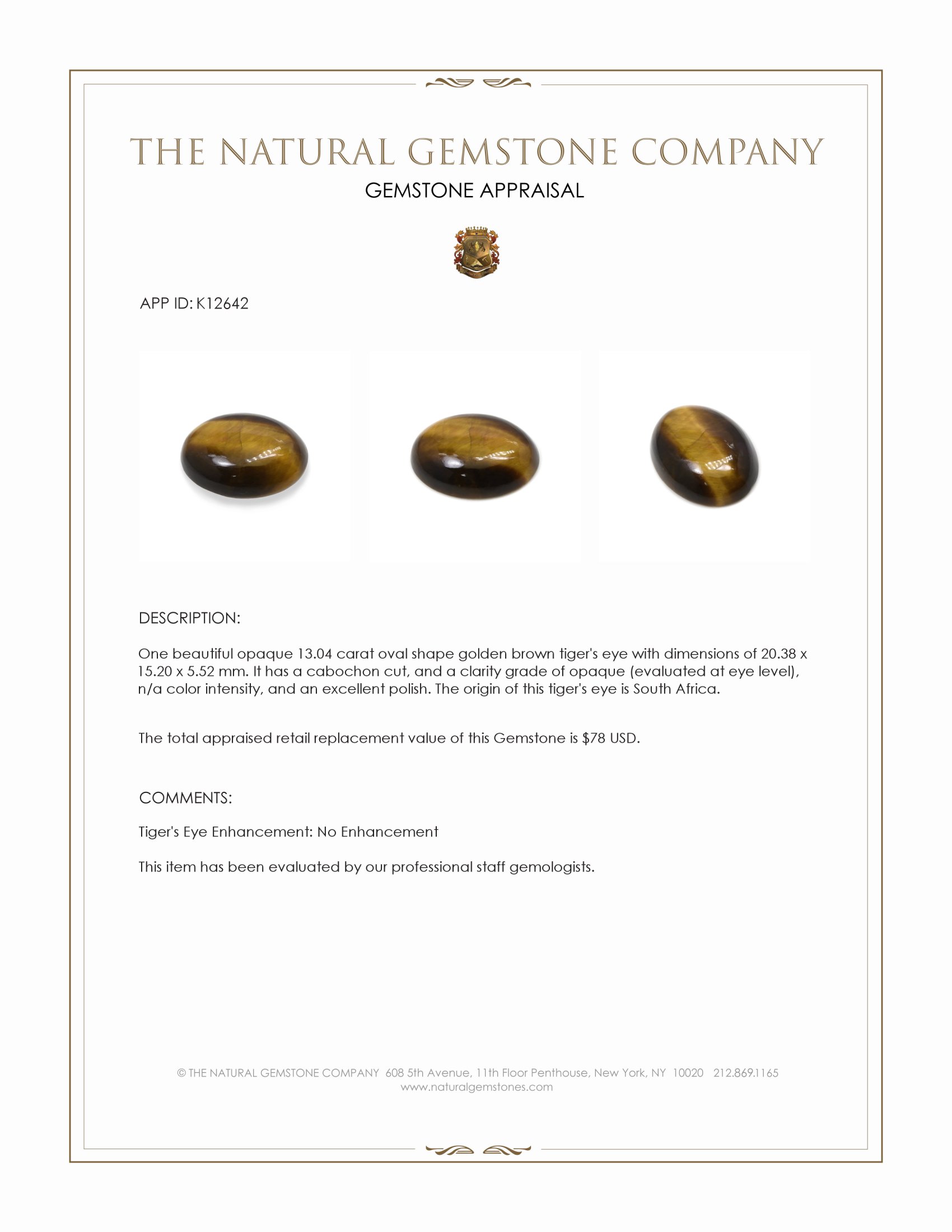 13.04 Ct. Cabochon Tiger's Eye from South Africa