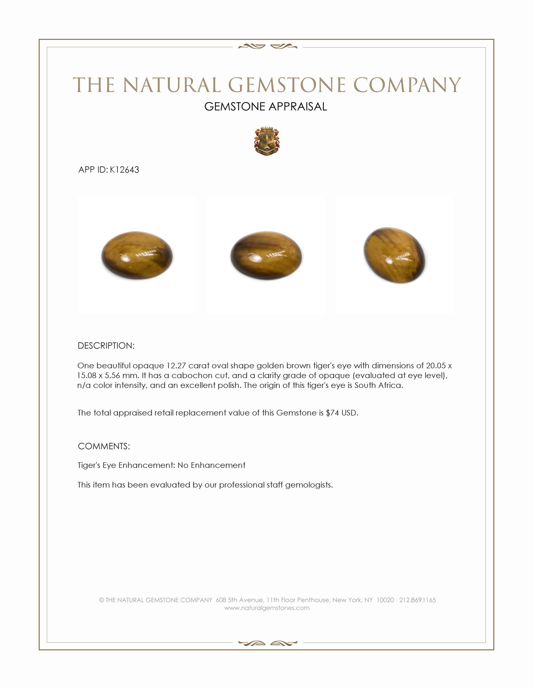 12.27 Ct. Cabochon Tiger's Eye from South Africa