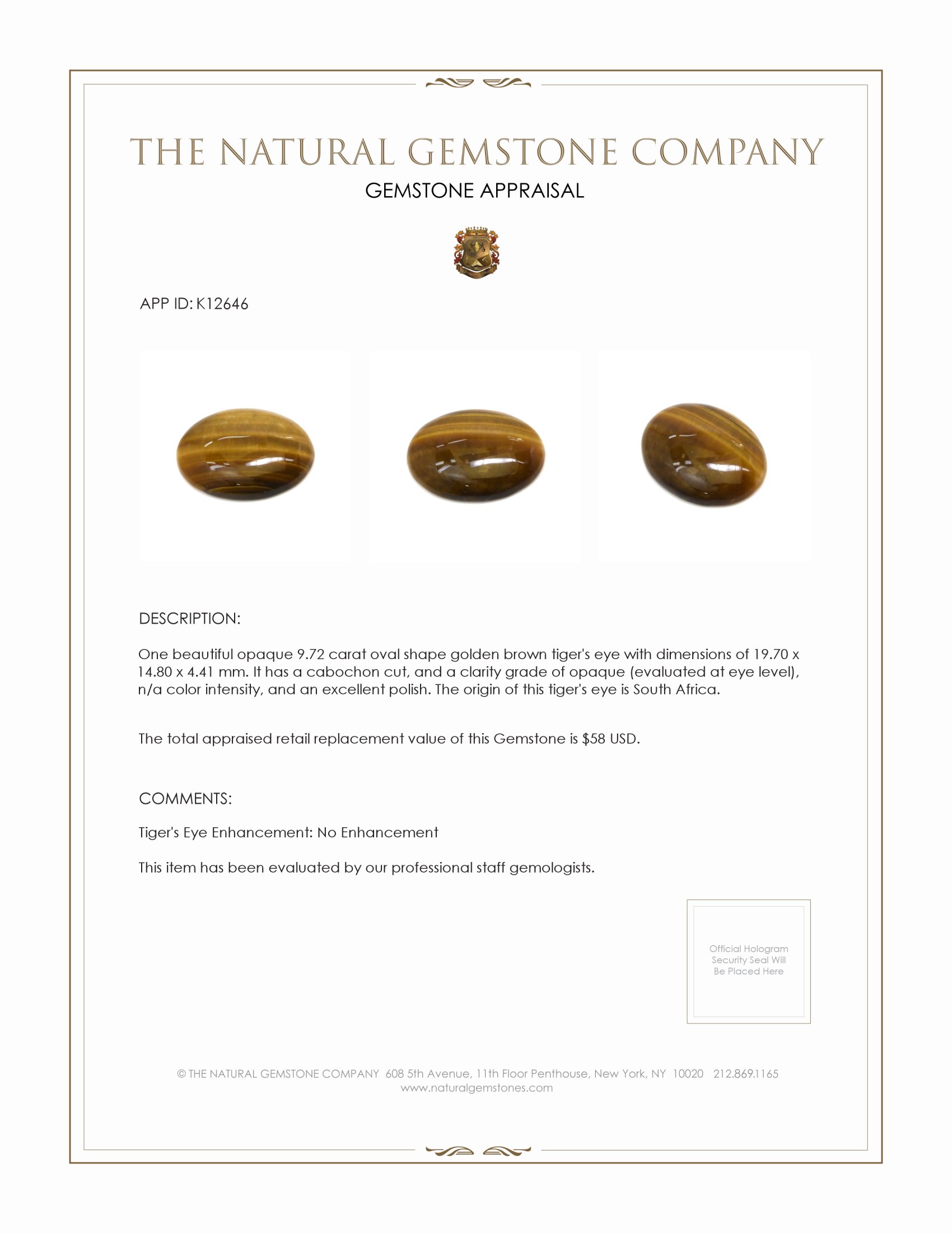 9.72 Ct. Cabochon Tiger's Eye from South Africa