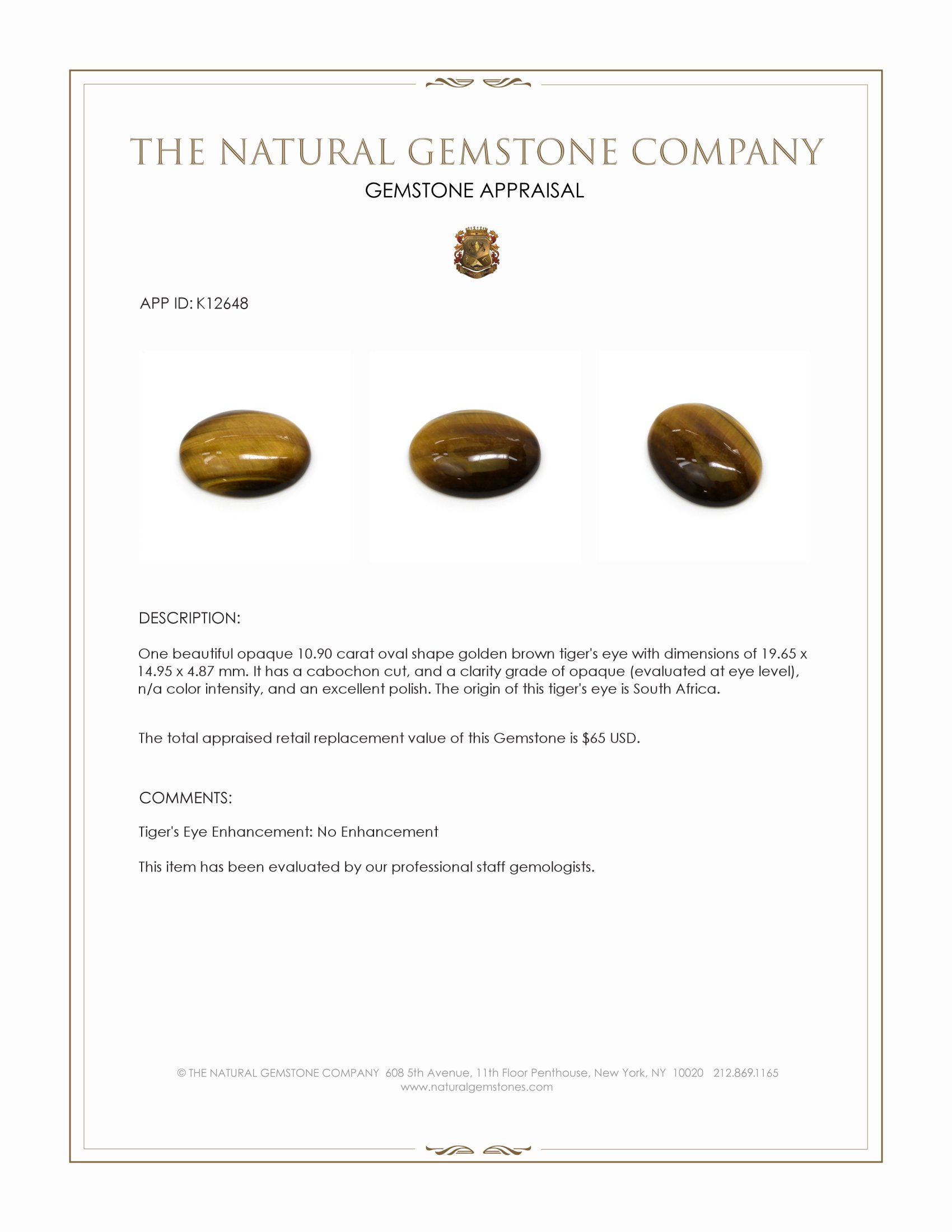 10.90 Ct. Cabochon Tiger's Eye from South Africa