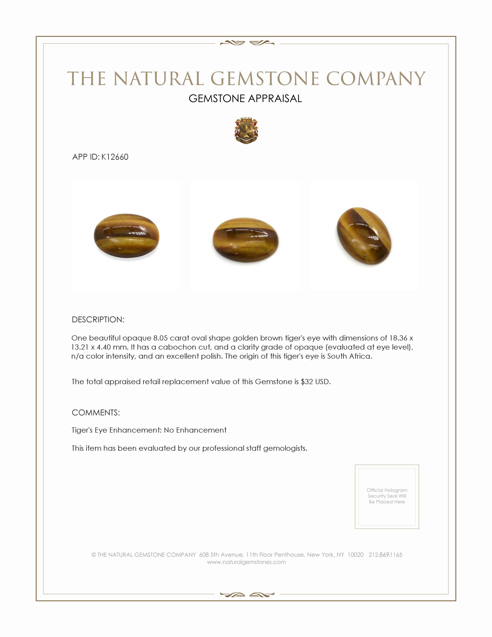 8.05 Ct. Cabochon Tiger's Eye from South Africa