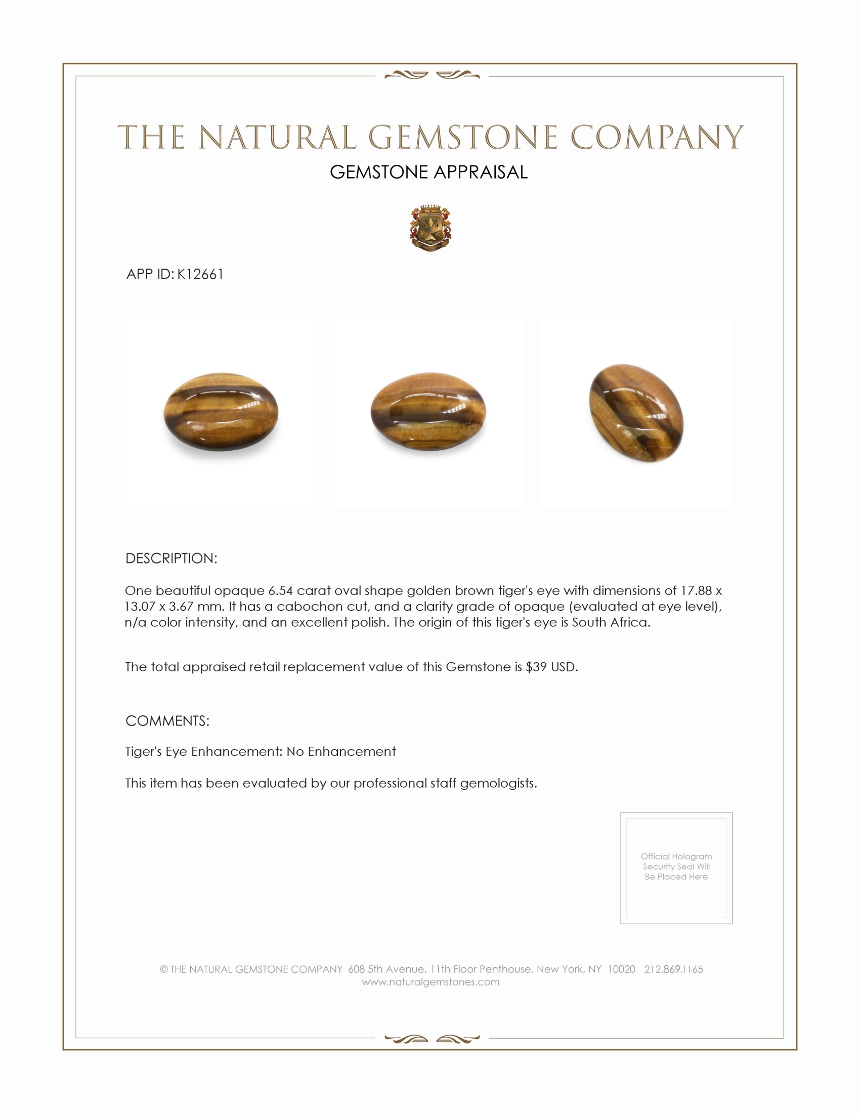 6.54 Ct. Cabochon Tiger's Eye from South Africa