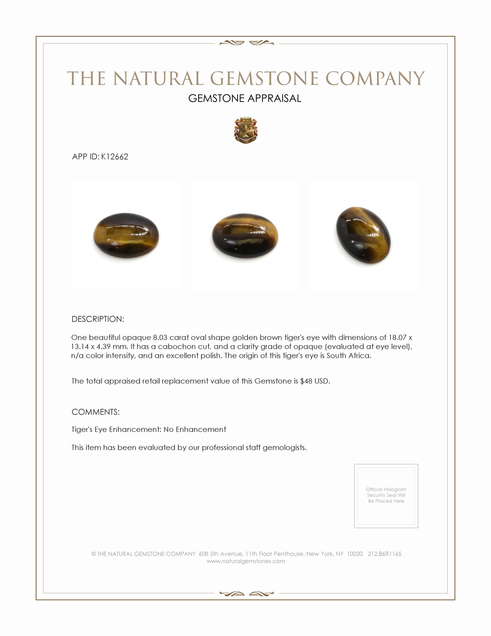 8.03 Ct. Cabochon Tiger's Eye from South Africa