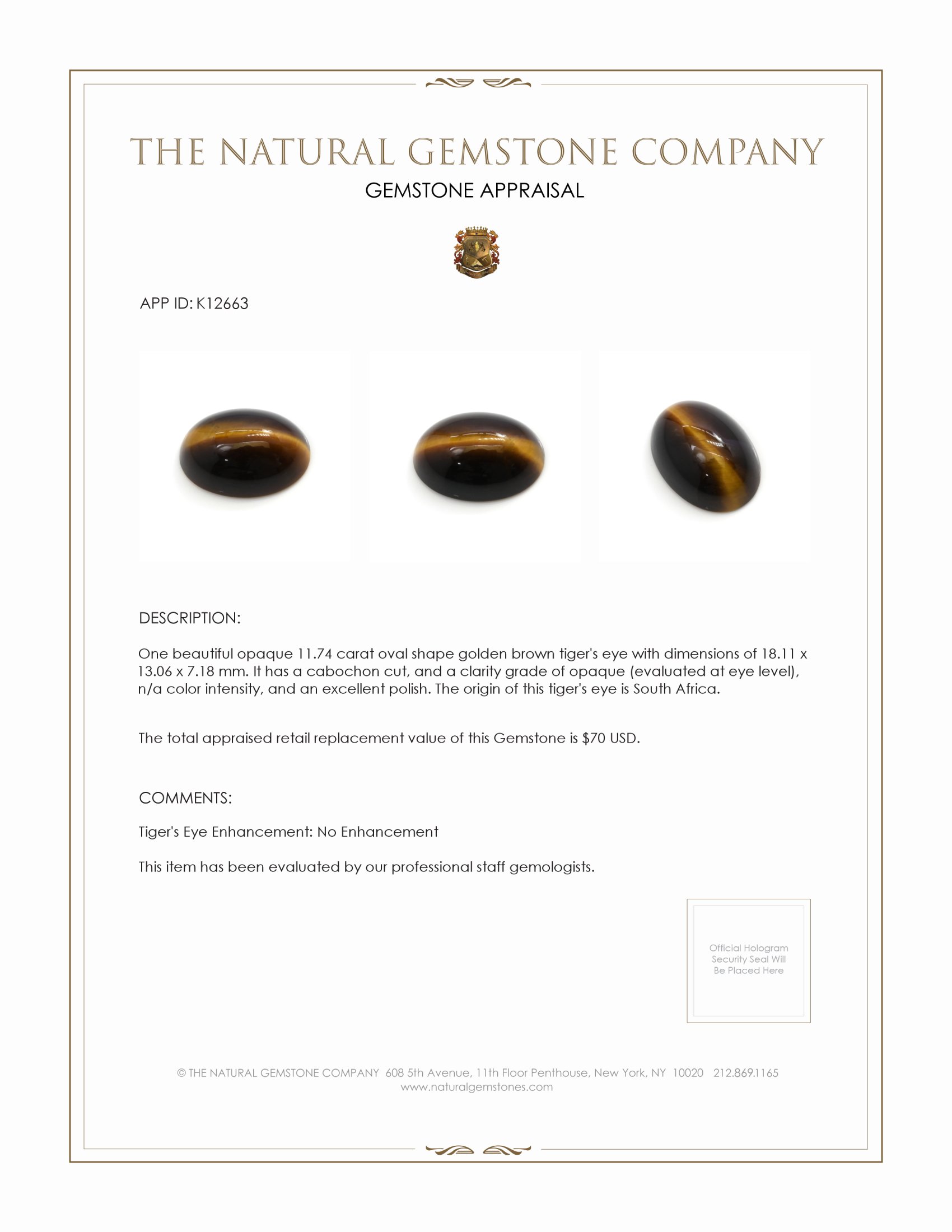 11.74 Ct. Cabochon Tiger's Eye from South Africa