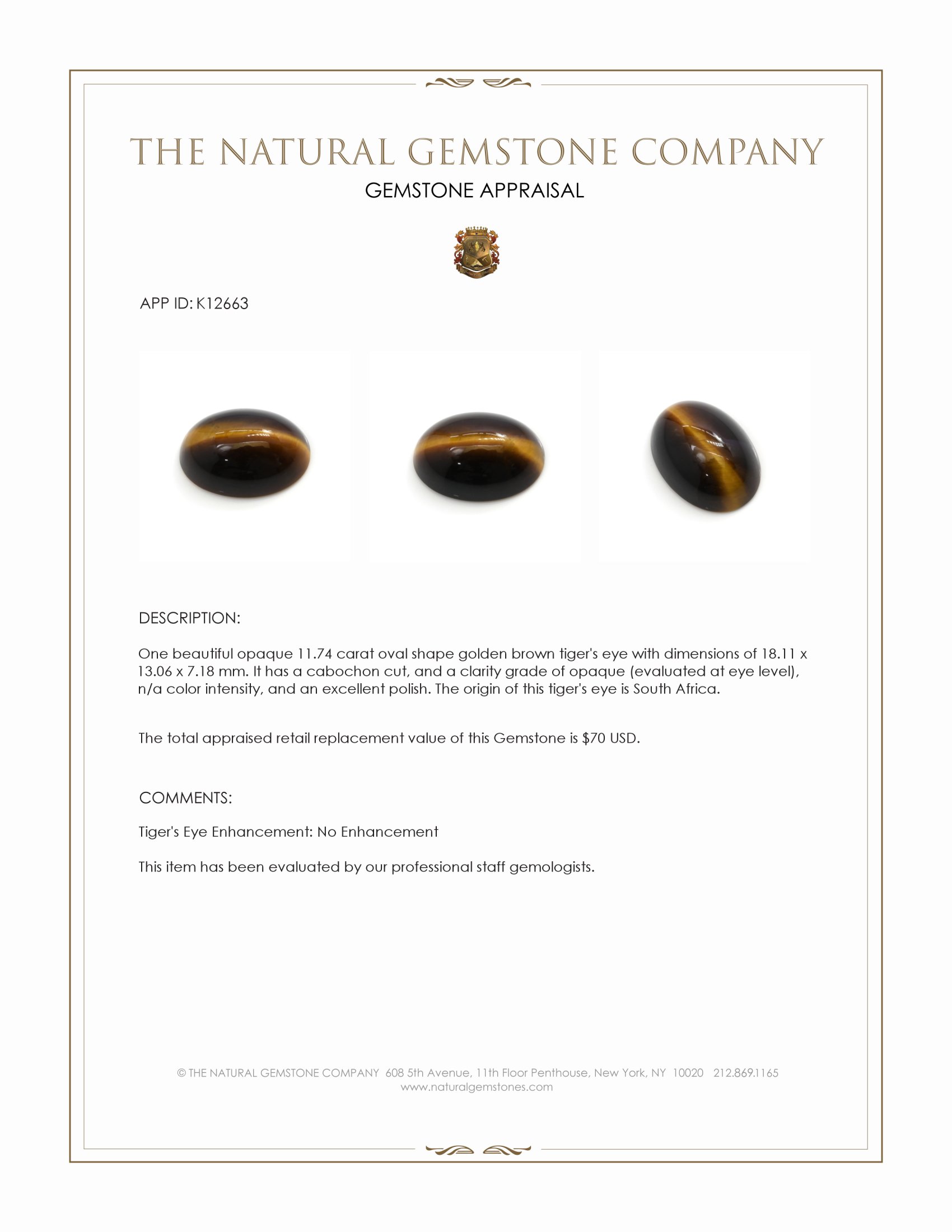 11.74 Ct. Cabochon Tiger's Eye from South Africa