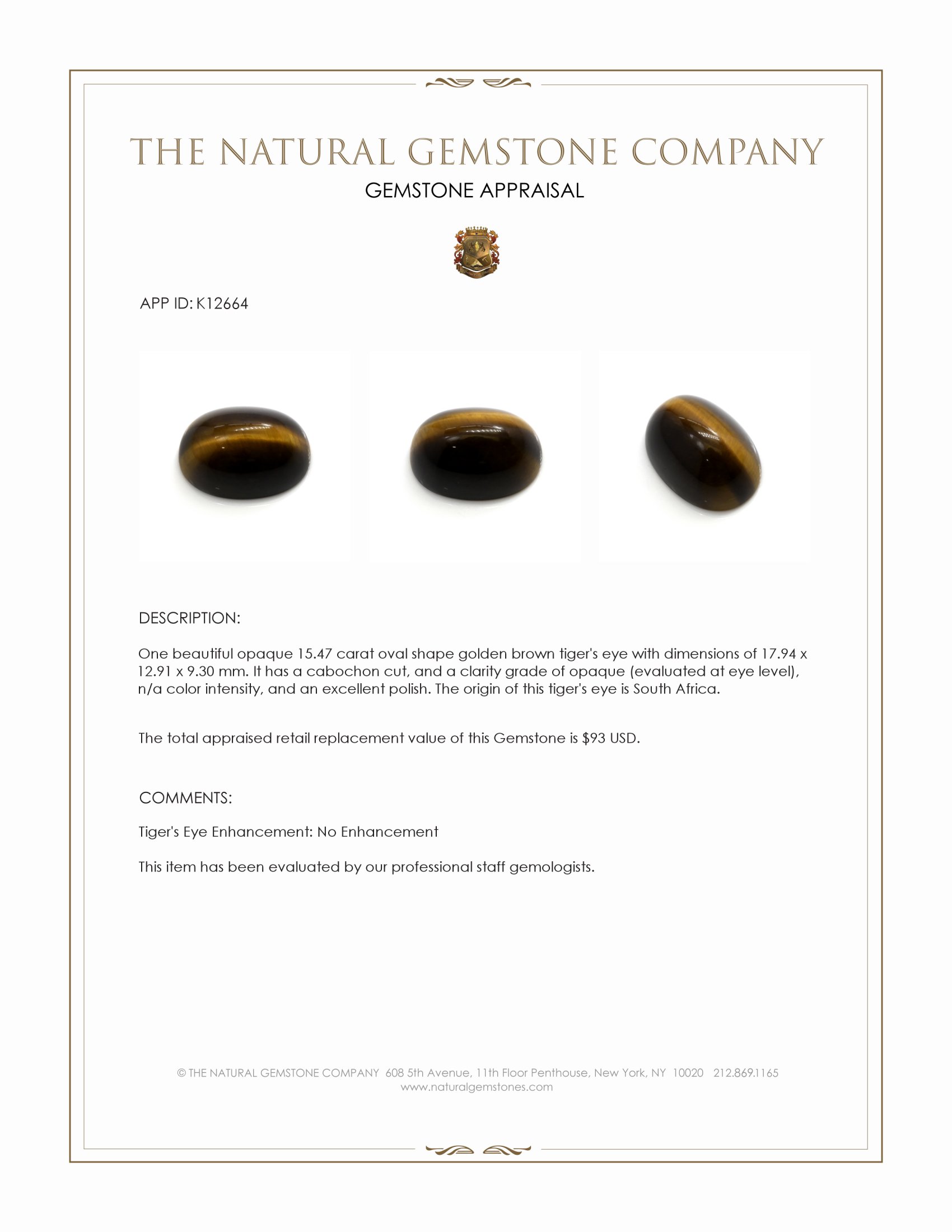 15.47 Ct. Cabochon Tiger's Eye from South Africa