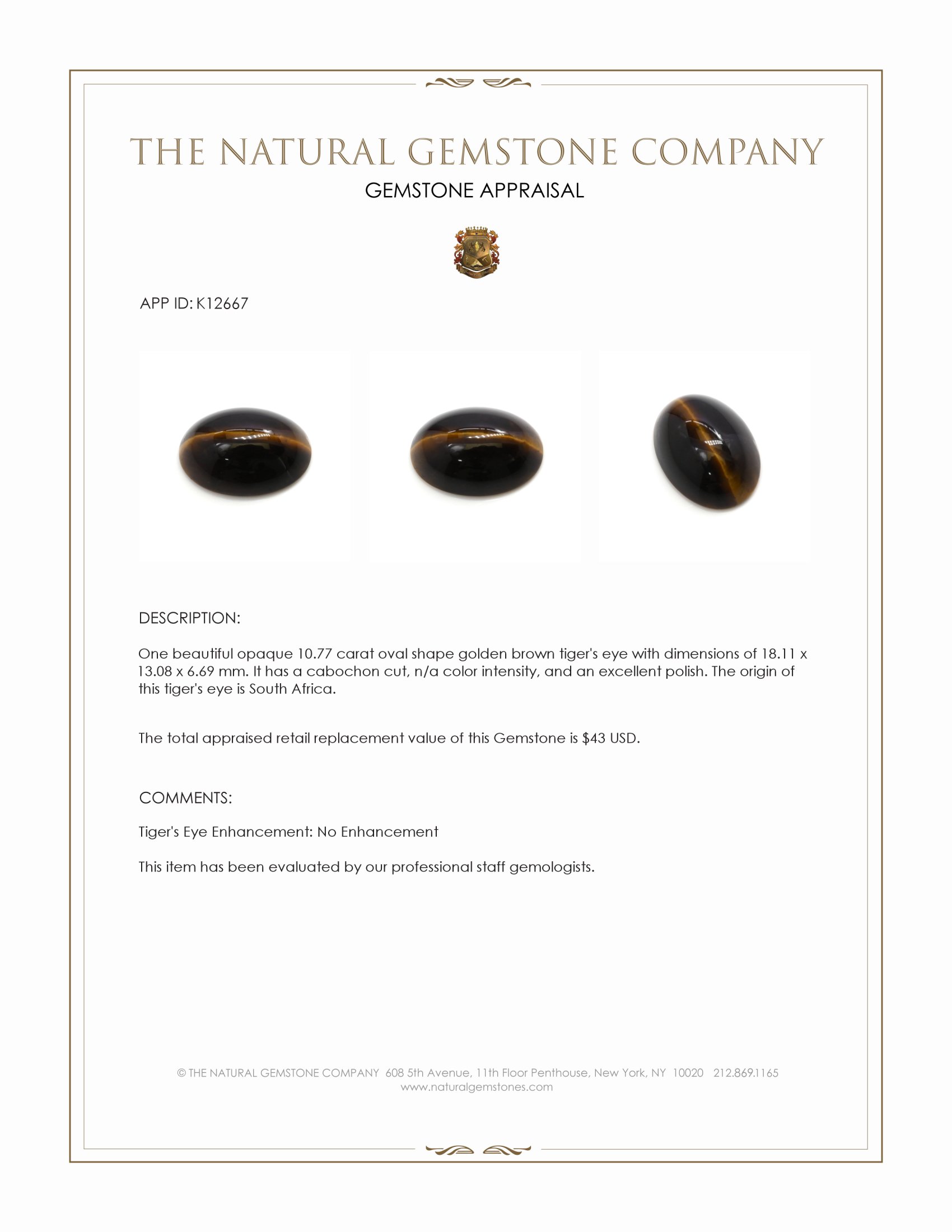 10.77 Ct. Cabochon Tiger's Eye from South Africa