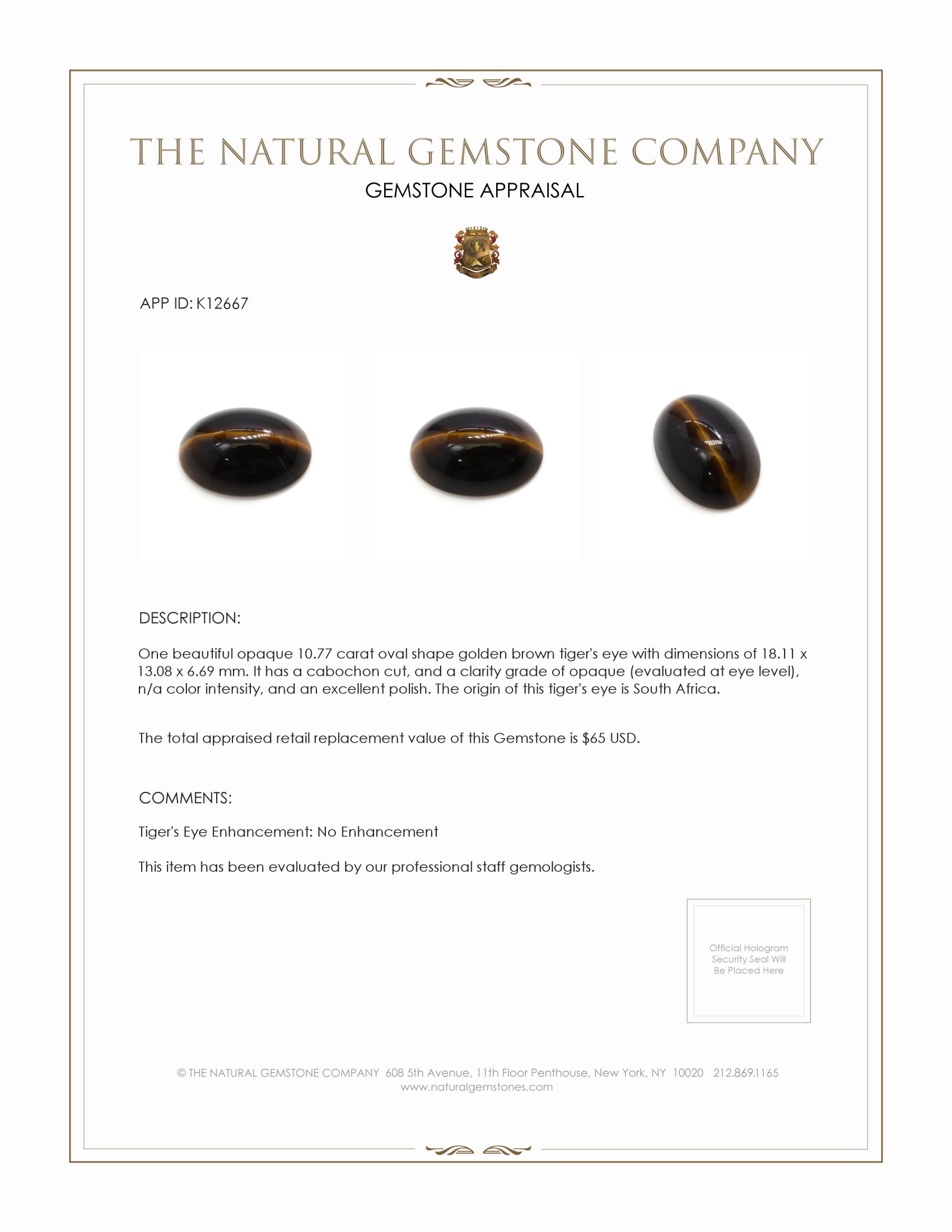 10.77 Ct. Cabochon Tiger's Eye from South Africa