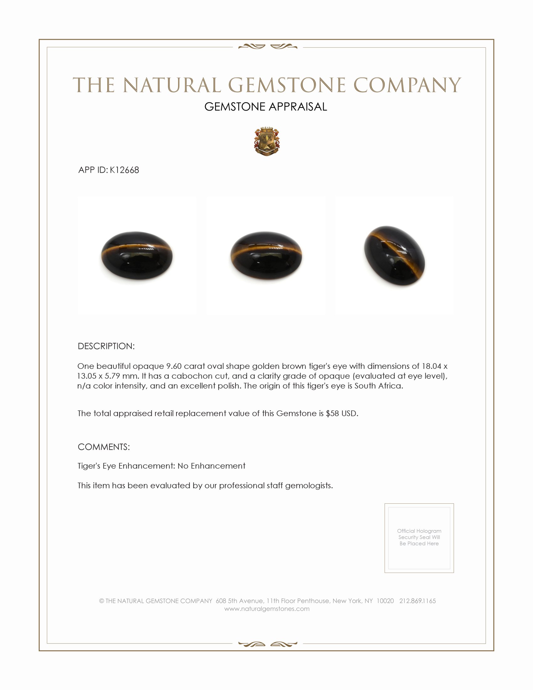 9.60 Ct. Cabochon Tiger's Eye from South Africa