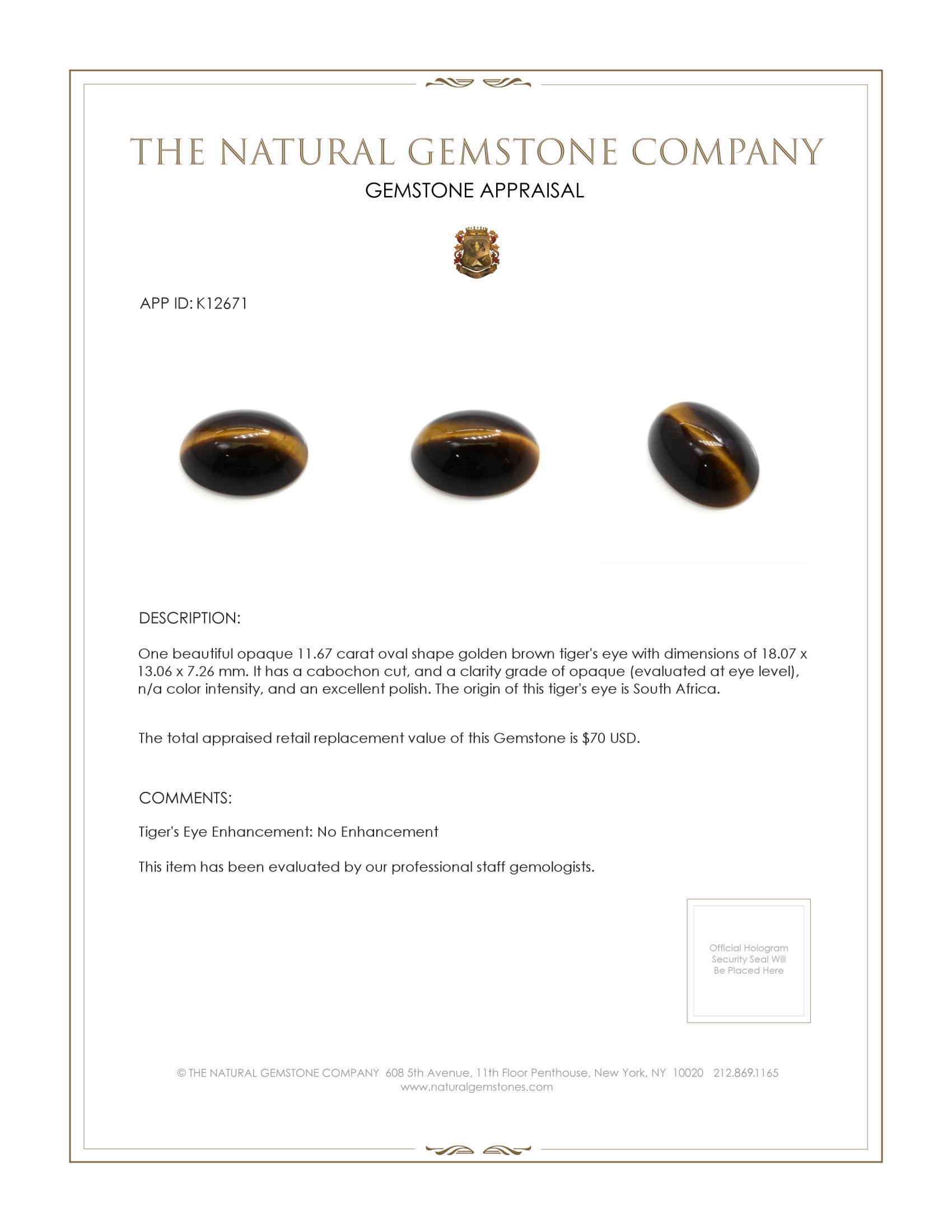 11.67 Ct. Cabochon Tiger's Eye from South Africa